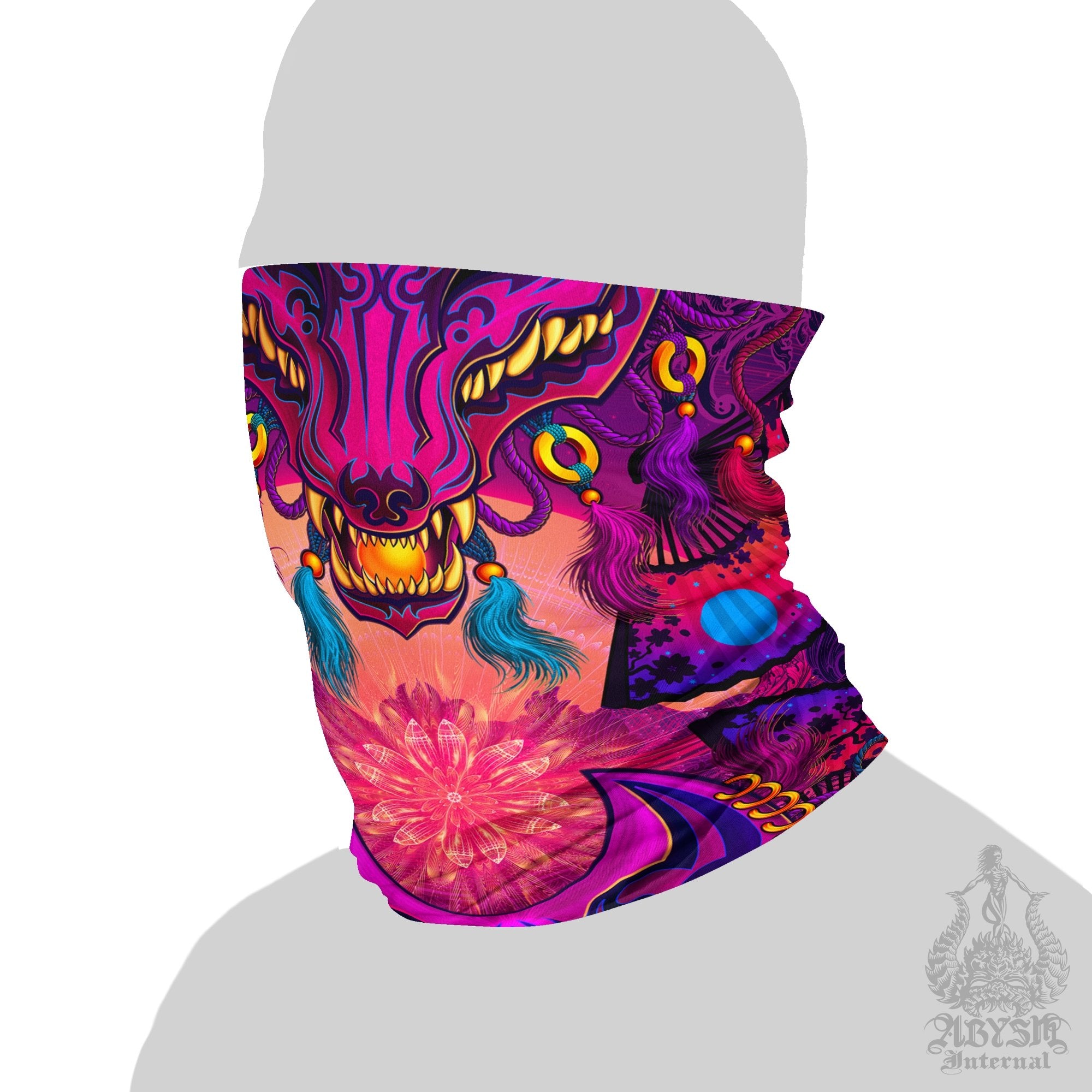 Japanese Vaporwave Neck Gaiter, Face Mask, Synthwave Head Covering, Psychedelic 80s Retrowave, Anime and Manga Convention or Outfit - Kitsune Fox - Abysm Internal