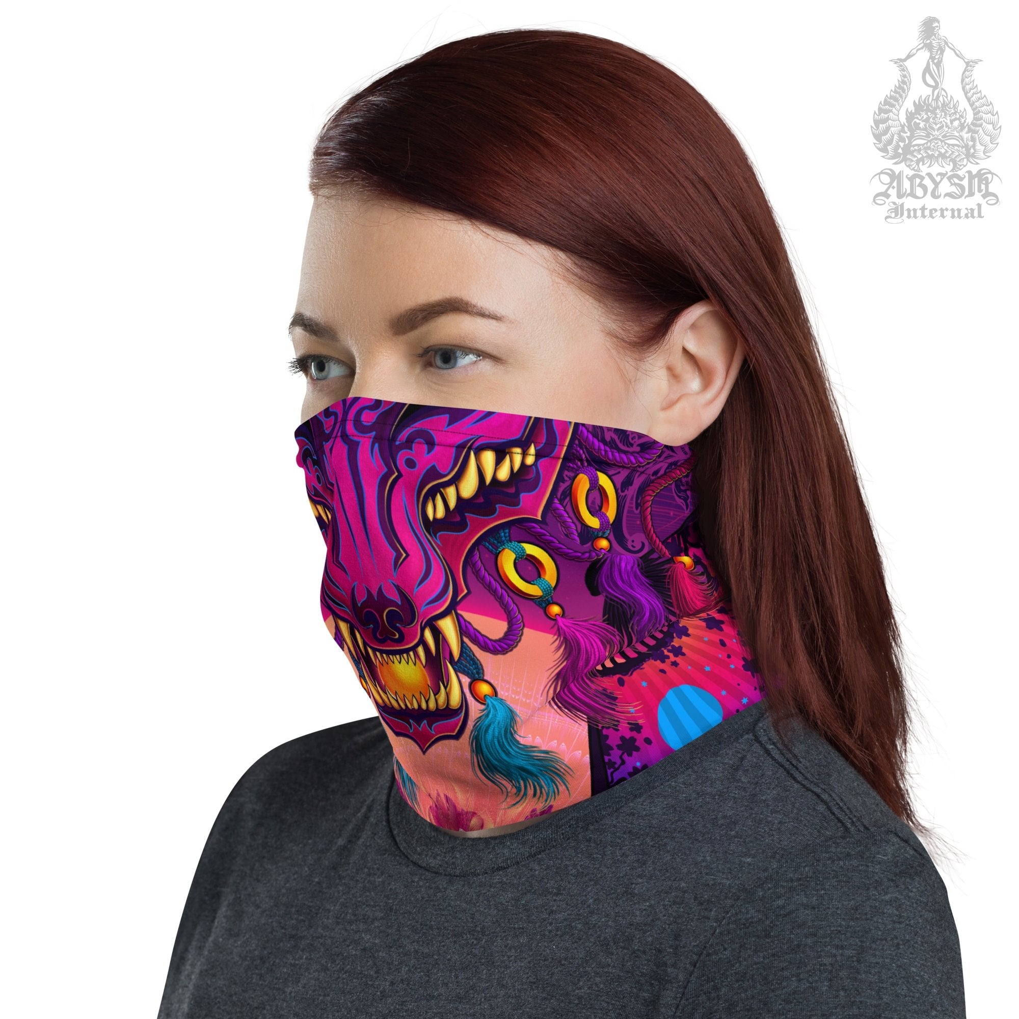 Japanese Vaporwave Neck Gaiter, Face Mask, Synthwave Head Covering, Psychedelic 80s Retrowave, Anime and Manga Convention or Outfit - Kitsune Fox - Abysm Internal