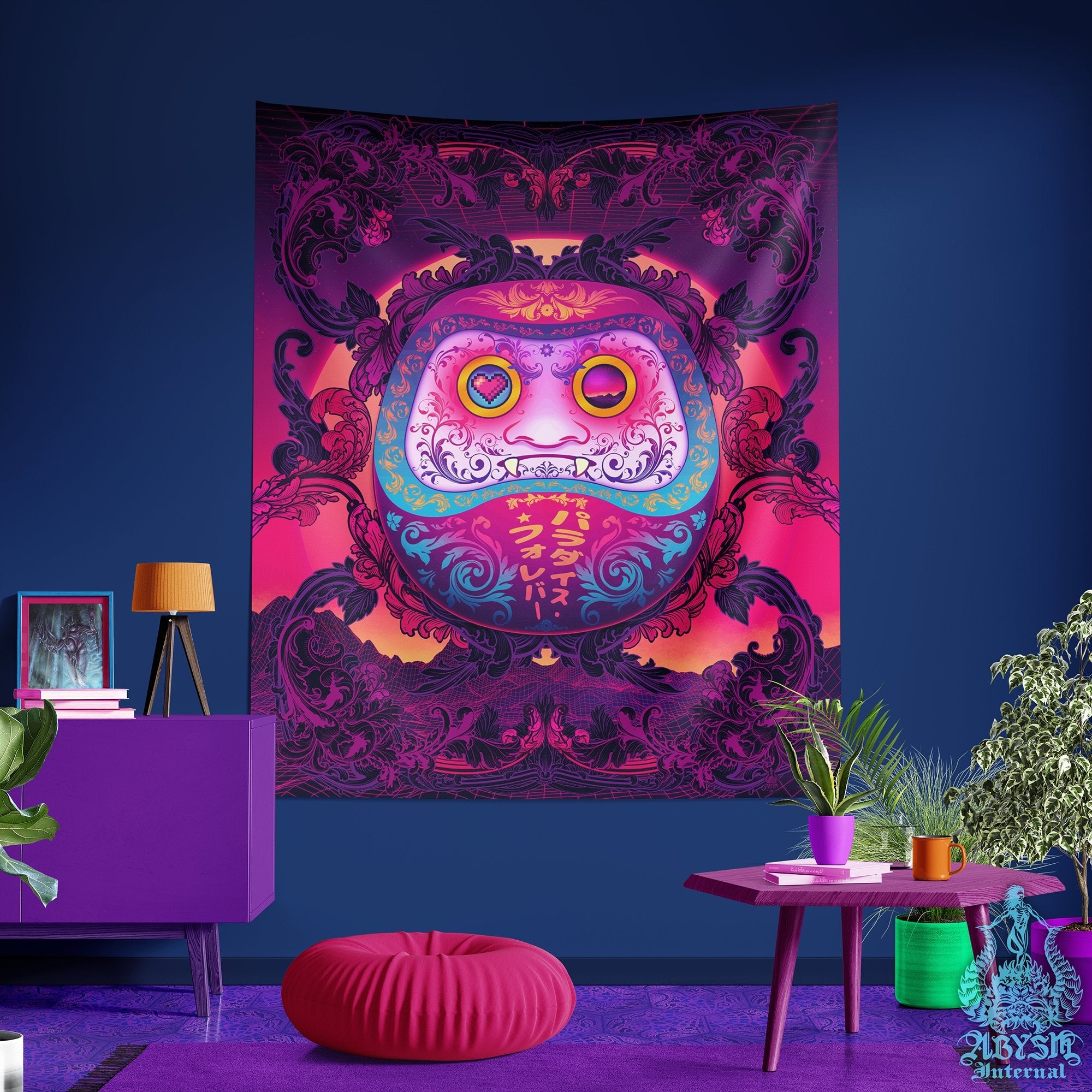 Japanese Vaporwave Tapestry, Synthwave Wall Hanging, Retrowave 80s Home Decor, Anime and Gamer Gift, Psychedelic Art Print, Eclectic and Funky - Daruma - Abysm Internal