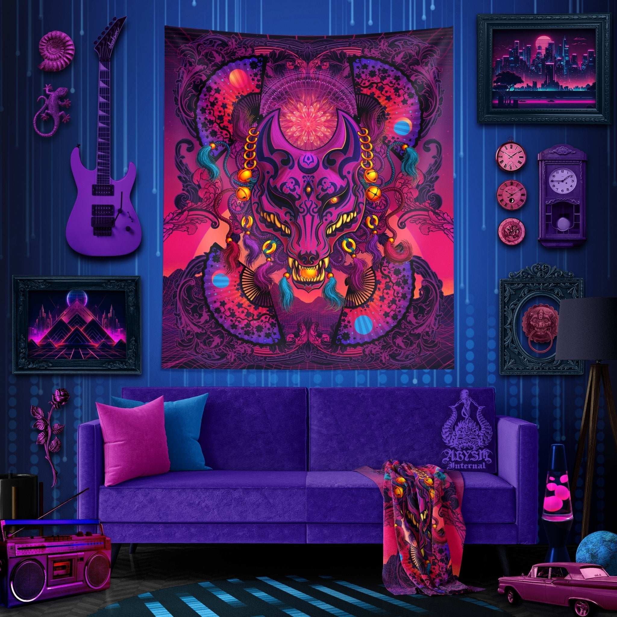Japanese Vaporwave Tapestry, Synthwave Wall Hanging, Retrowave 80s Home Decor, Anime and Gamer Gift, Psychedelic Art Print, Eclectic and Funky - Kitsune - Abysm Internal