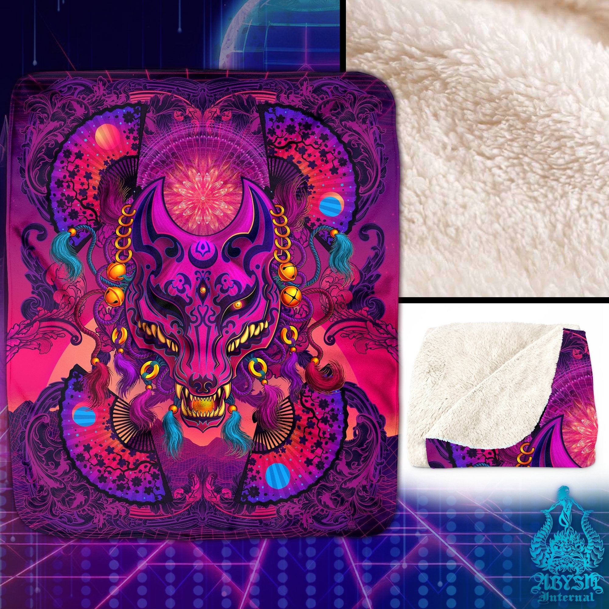 Japanese Vaporwave Throw Fleece Blanket, Synthwave Art, Psychedelic Home Decor, 80s Retrowave, Eclectic and Funky Gift for Kids, Gamers and Anime fans - Kitsune - Abysm Internal