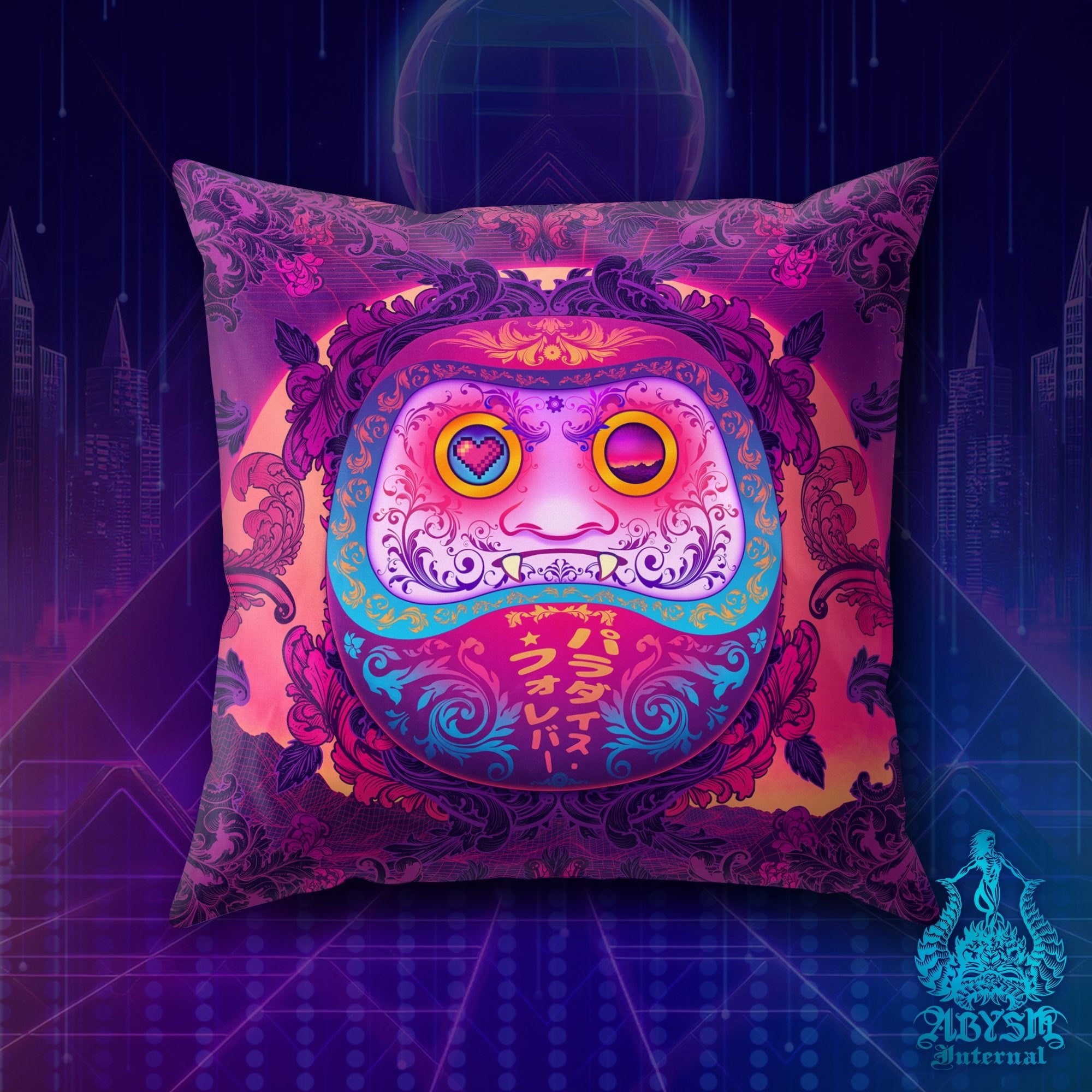 Japanese Vaporwave Throw Pillow, Anime Decorative Accent Cushion, Synthwave and Retrowave 80s Room Decor, Psychedelic Art Print, Gamer Gift - Daruma - Abysm Internal