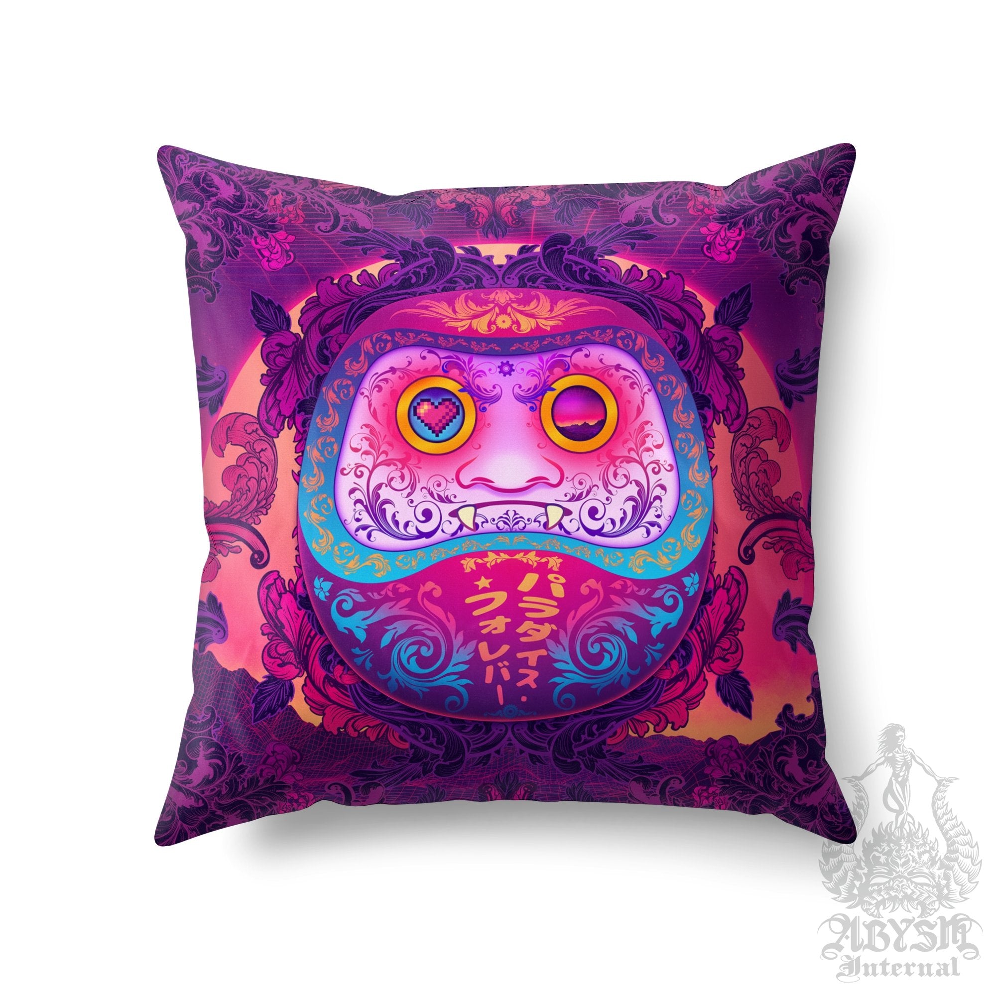 Japanese Vaporwave Throw Pillow, Anime Decorative Accent Cushion, Synthwave and Retrowave 80s Room Decor, Psychedelic Art Print, Gamer Gift - Daruma - Abysm Internal