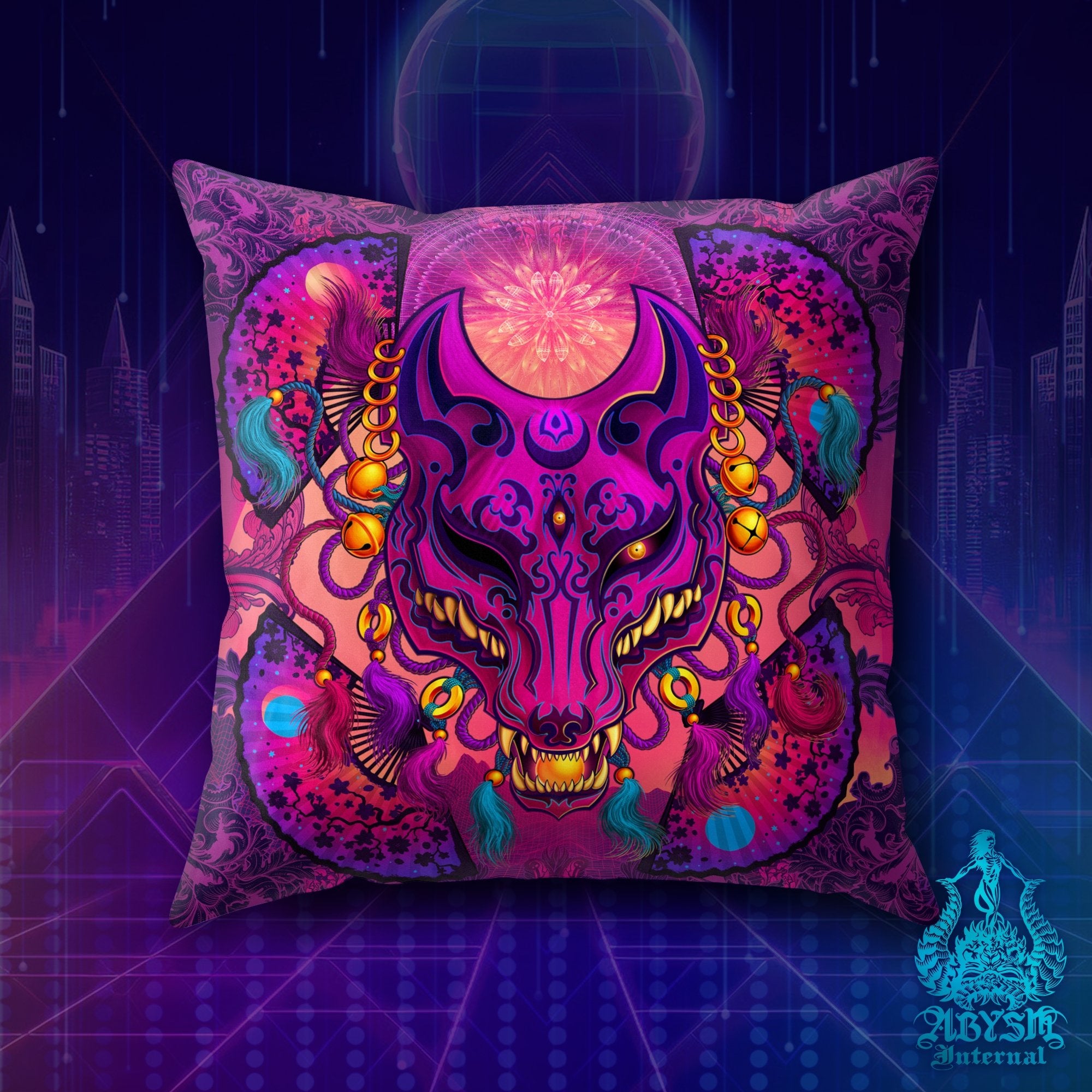 Japanese Vaporwave Throw Pillow, Anime Decorative Accent Cushion, Synthwave and Retrowave 80s Room Decor, Psychedelic Art Print, Gamer Gift - Kitsune - Abysm Internal