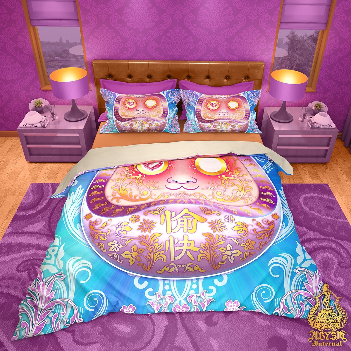 Kawaii Bedding Set, Comforter and Duvet, Aesthetic Bed Cover, Kawaii Gamer Bedroom Decor, King, Queen and Twin Size - Pastel Daruma - Abysm Internal
