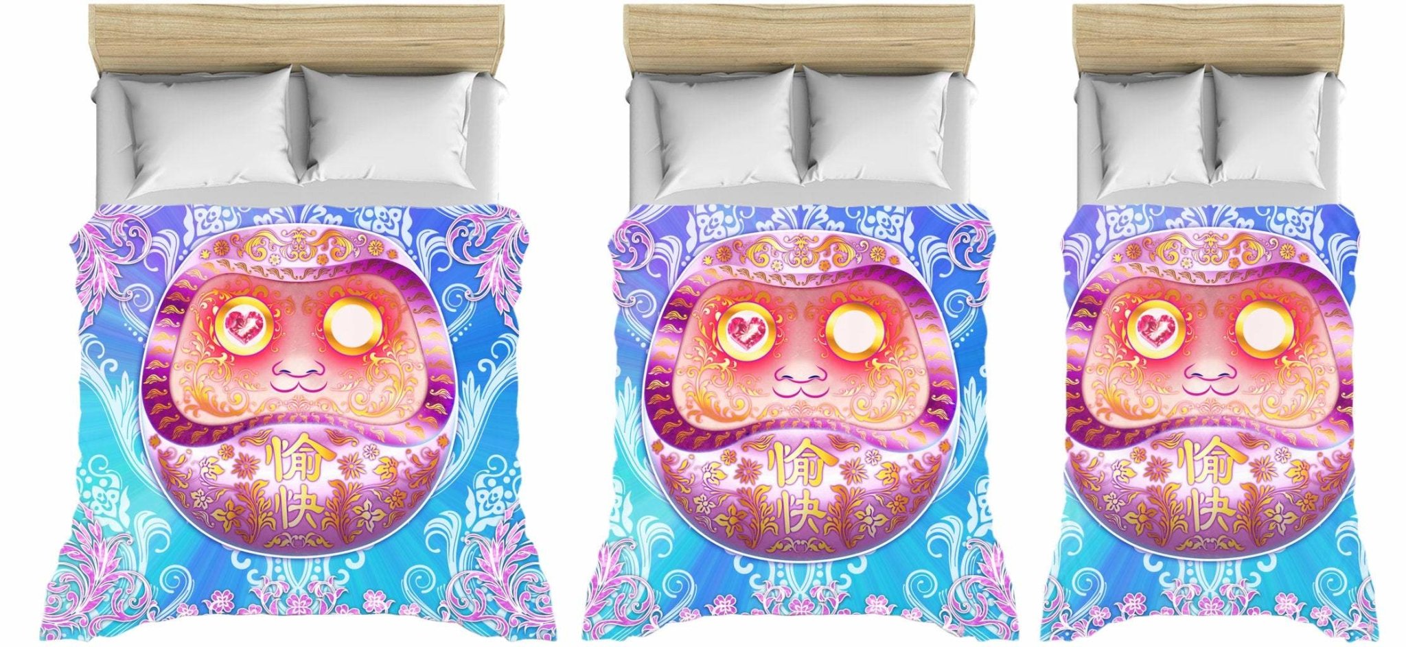 Kawaii Bedding Set, Comforter and Duvet, Aesthetic Bed Cover, Kawaii Gamer Bedroom Decor, King, Queen and Twin Size - Pastel Daruma - Abysm Internal
