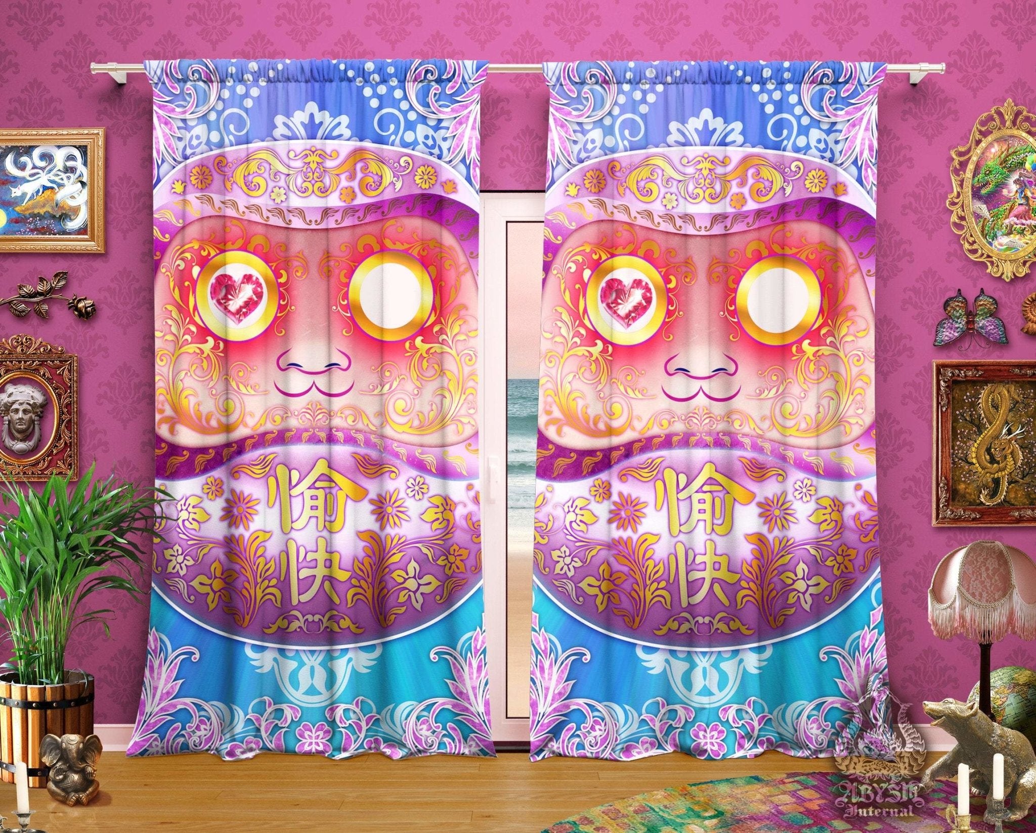 Kawaii Blackout Curtains, Long Window Panels, Funny Pastel Daruma, Anime Decor, Art Print, Funky and Eclectic Home Decor - Holographic and Aesthetic Room Decor - Abysm Internal