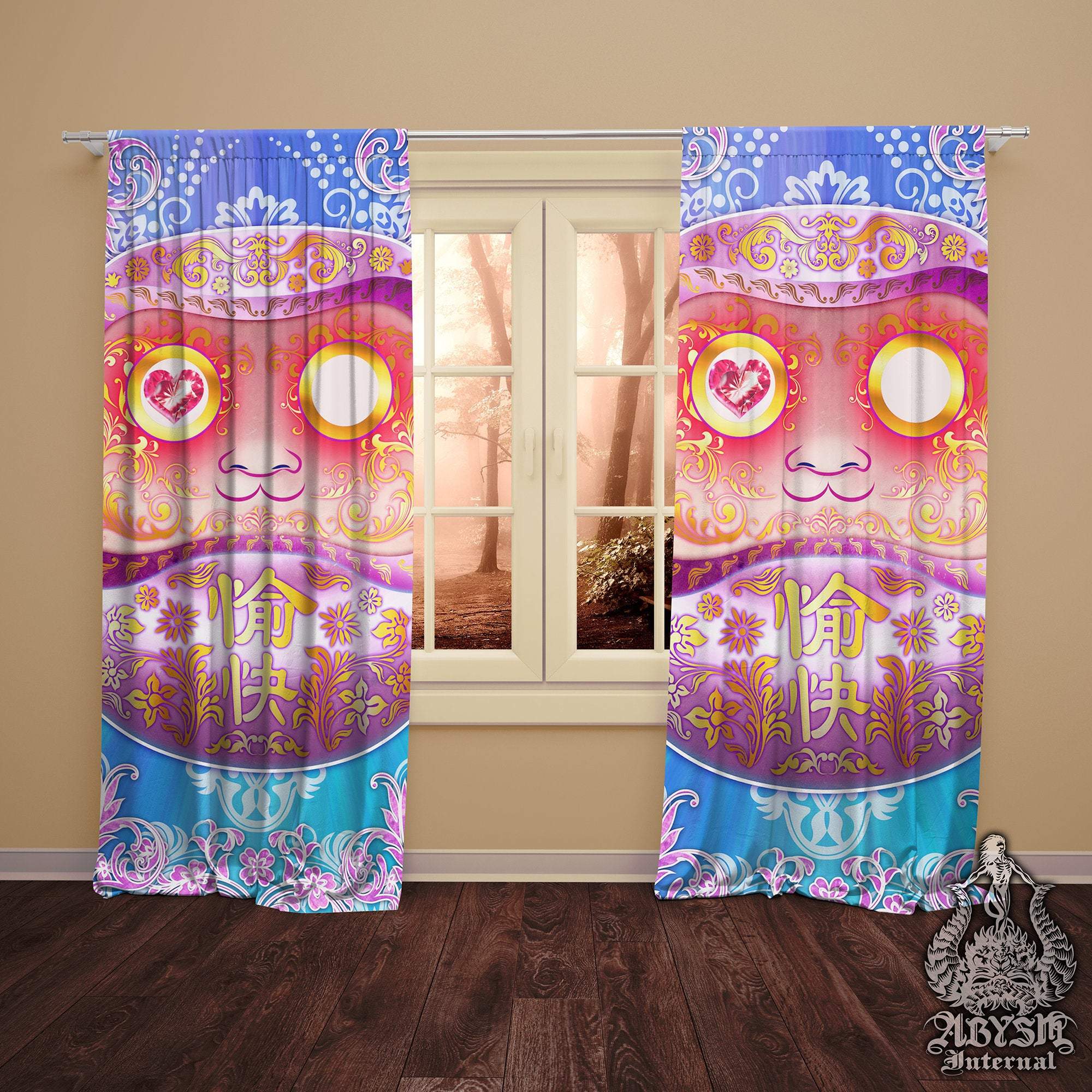 Kawaii Blackout Curtains, Long Window Panels, Funny Pastel Daruma, Anime Decor, Art Print, Funky and Eclectic Home Decor - Holographic and Aesthetic Room Decor - Abysm Internal