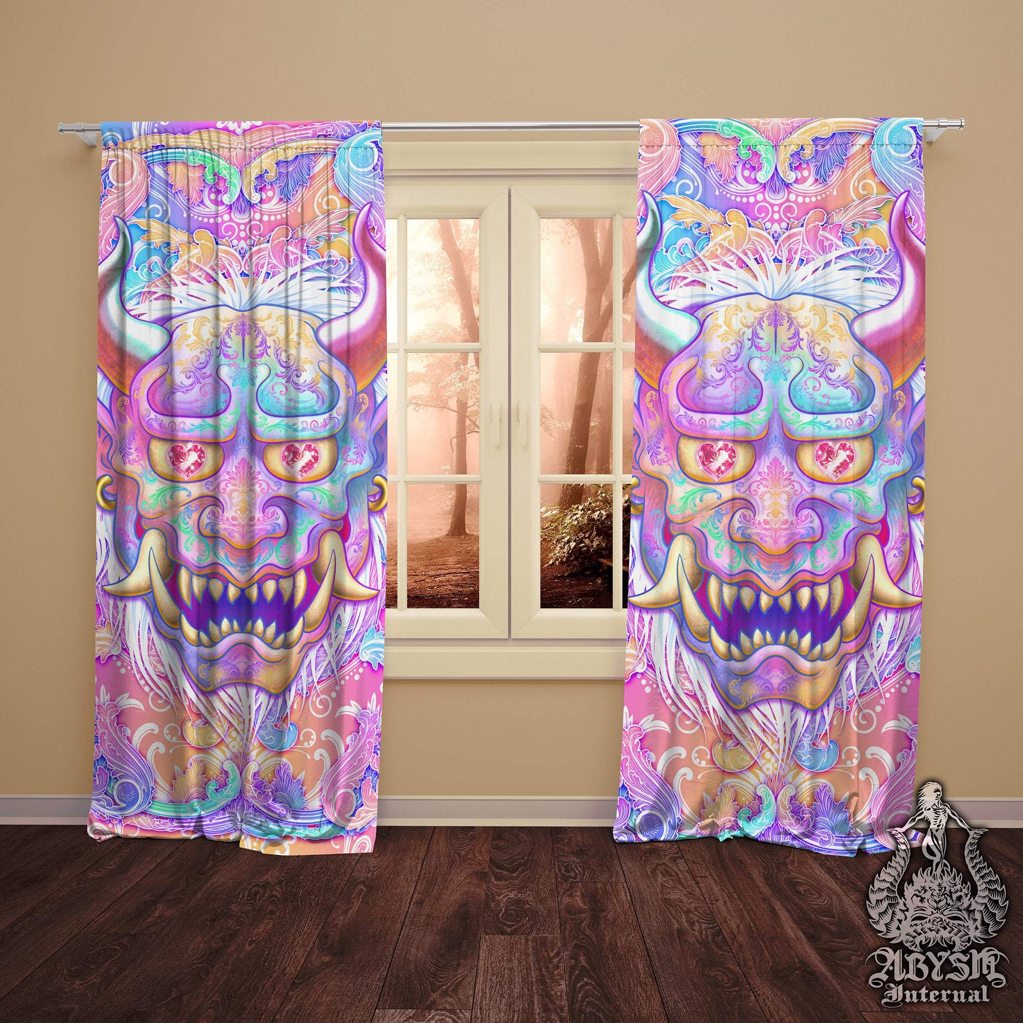 Kawaii Blackout Curtains, Long Window Panels, Japanese Demon, Psychedelic, Holographic and Aesthetic Room Decor, Art Print, Funky and Eclectic Home Decor - Pastel Oni - Abysm Internal