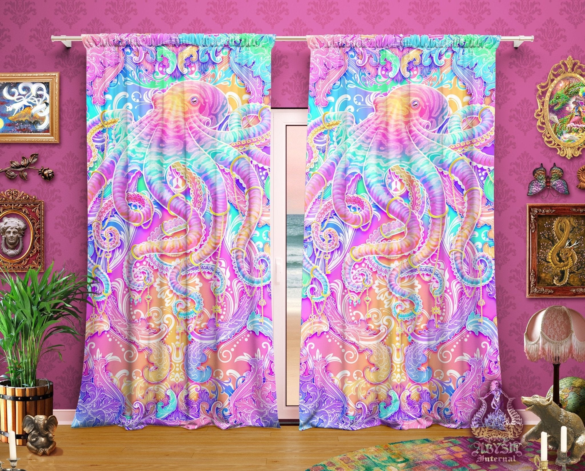 Kawaii Blackout Curtains, Long Window Panels, Psychedelic Art Print, Yume Kawaii, Holographic and Aesthetic Room Decor, Fairy Kei, Funky and Eclectic Home Decor - Pastel Octopus - Abysm Internal
