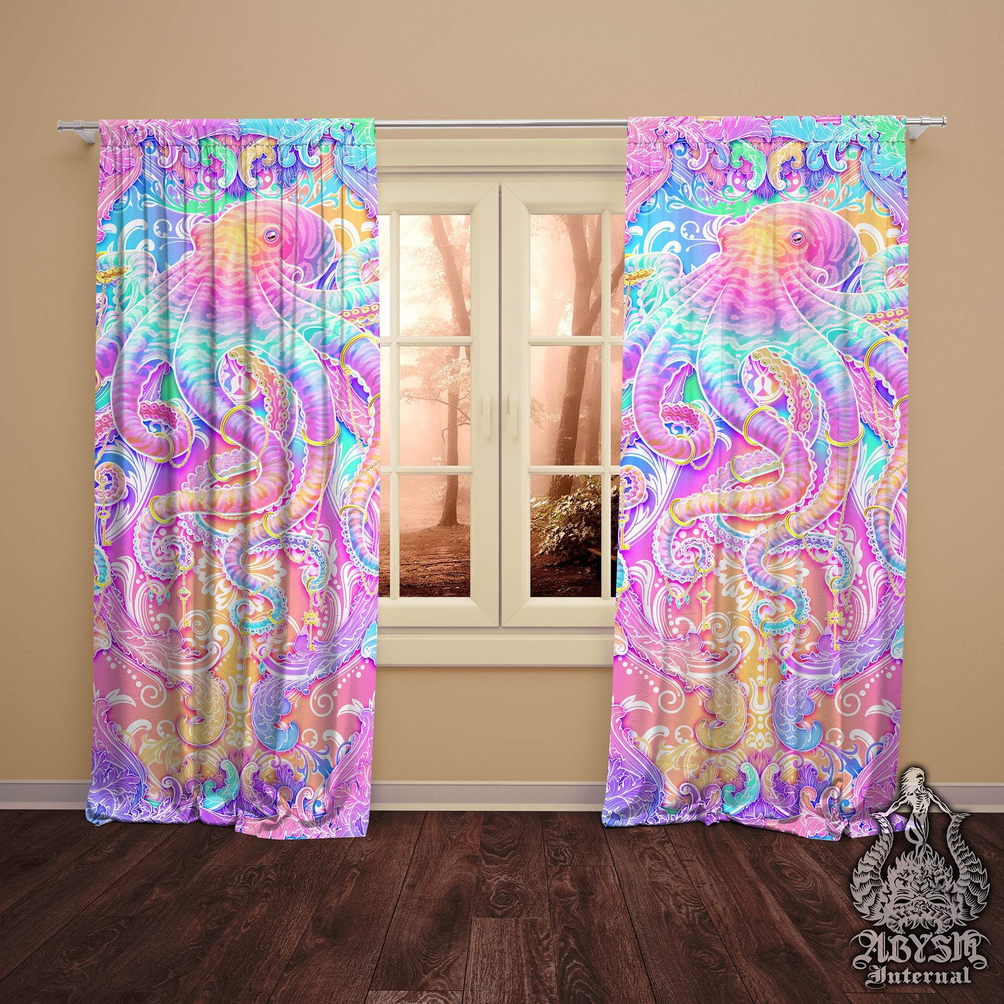Kawaii Blackout Curtains, Long Window Panels, Psychedelic Art Print, Yume Kawaii, Holographic and Aesthetic Room Decor, Fairy Kei, Funky and Eclectic Home Decor - Pastel Octopus - Abysm Internal