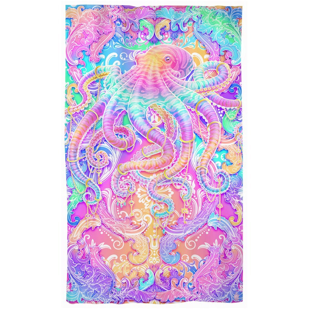 Kawaii Blackout Curtains, Long Window Panels, Psychedelic Art Print, Yume Kawaii, Holographic and Aesthetic Room Decor, Fairy Kei, Funky and Eclectic Home Decor - Pastel Octopus - Abysm Internal