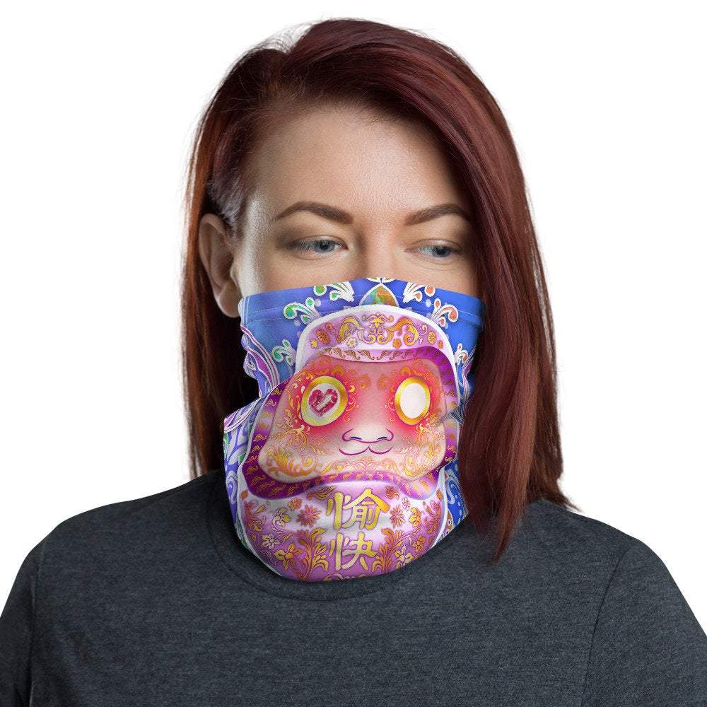 Kawaii Neck Gaiter, Face Mask, Head Covering, Japanese Daruma, Funny Anime Style Outfit - Psy, Holographic - Abysm Internal