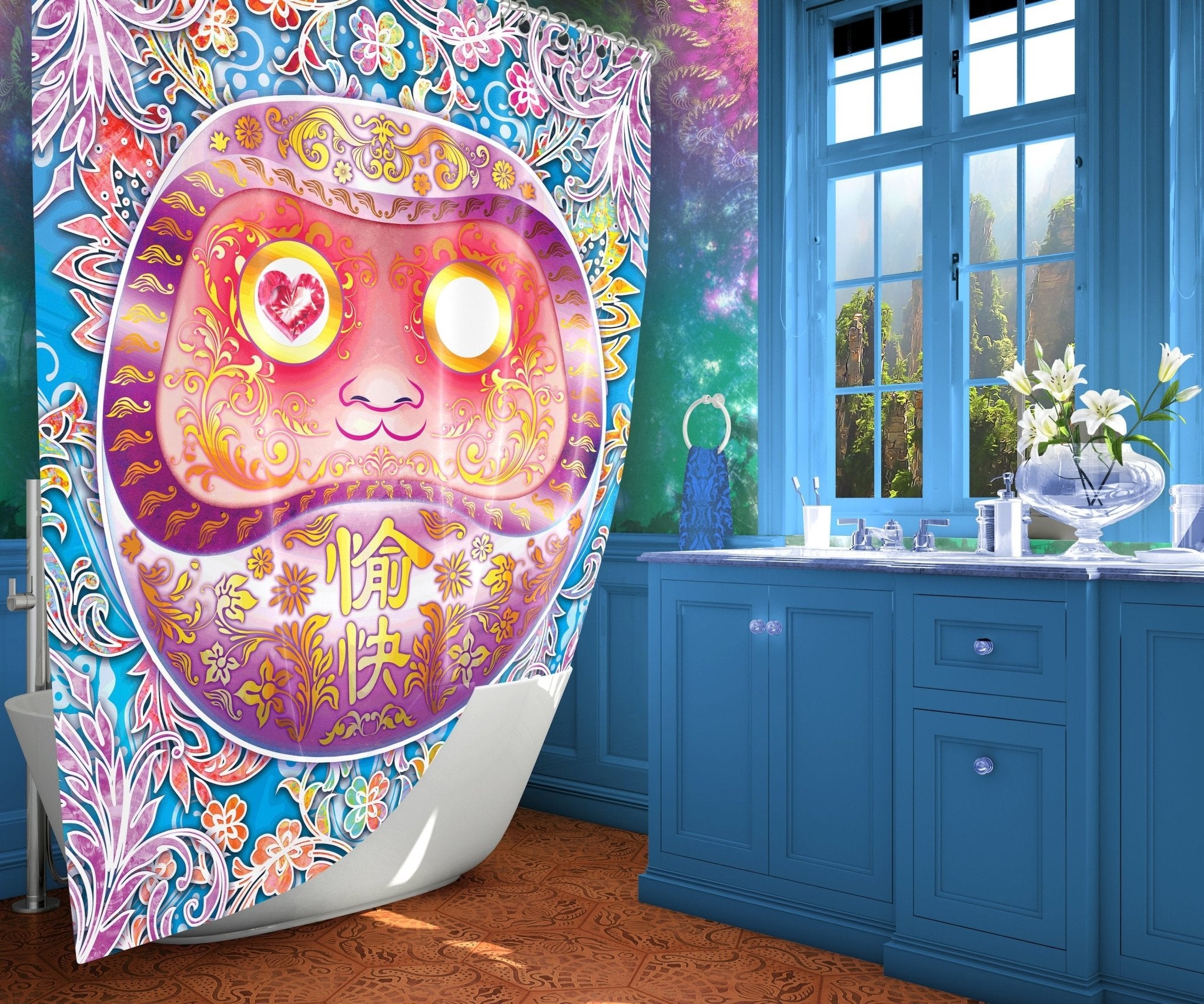 Kawaii Shower Curtain, Japanese Anime Bathroom Decor, Funny Daruma, Eclectic and Funky Home - Psy - Abysm Internal