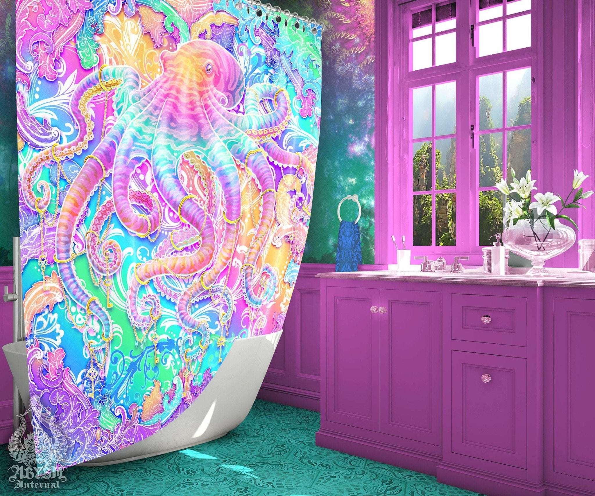 Kawaii Shower Curtain, Psychedelic and Holographic Bathroom Decor, Pastel Octopus, Eclectic and Funky Home - Aesthetic style, Yume Kawaii, Fairy Kei - Abysm Internal