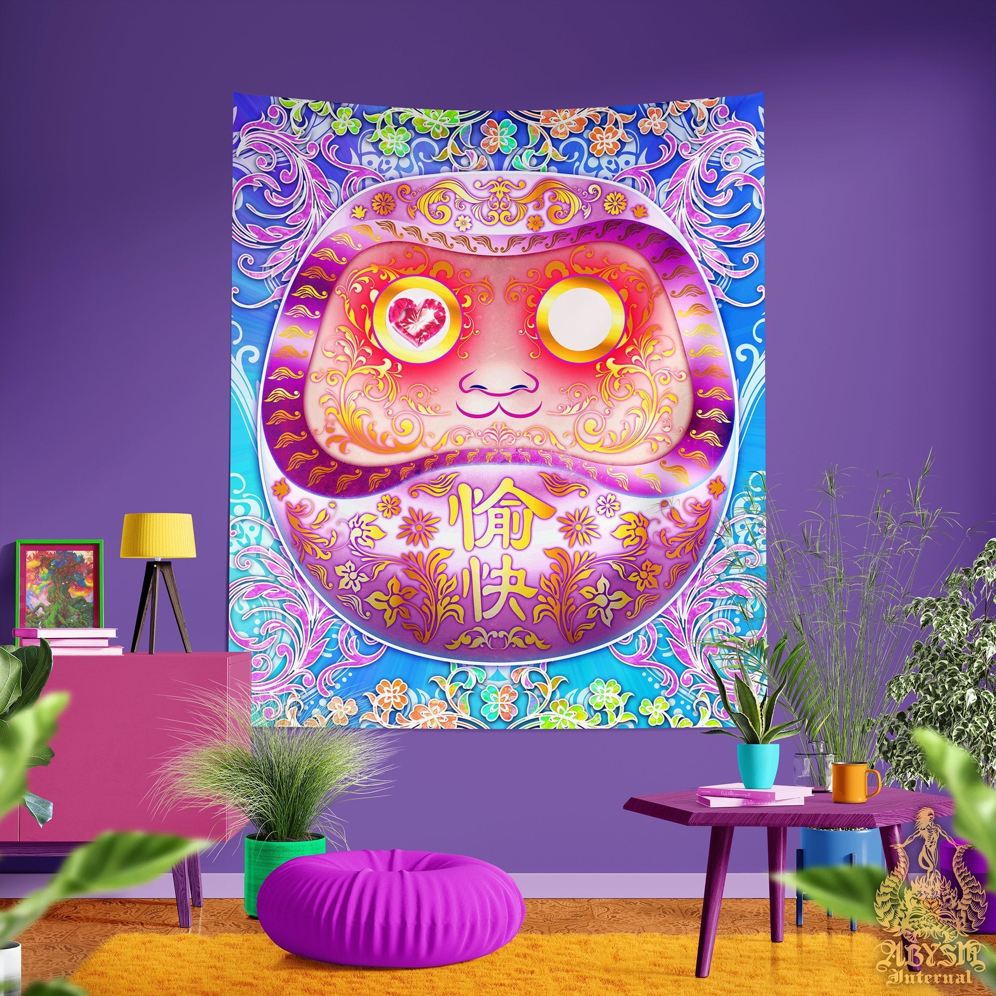 Kawaii Tapestry, Holographic Wall Hanging, Japanese Home Decor, Art Print, Eclectic and Funky - Pastel Daruma - Abysm Internal