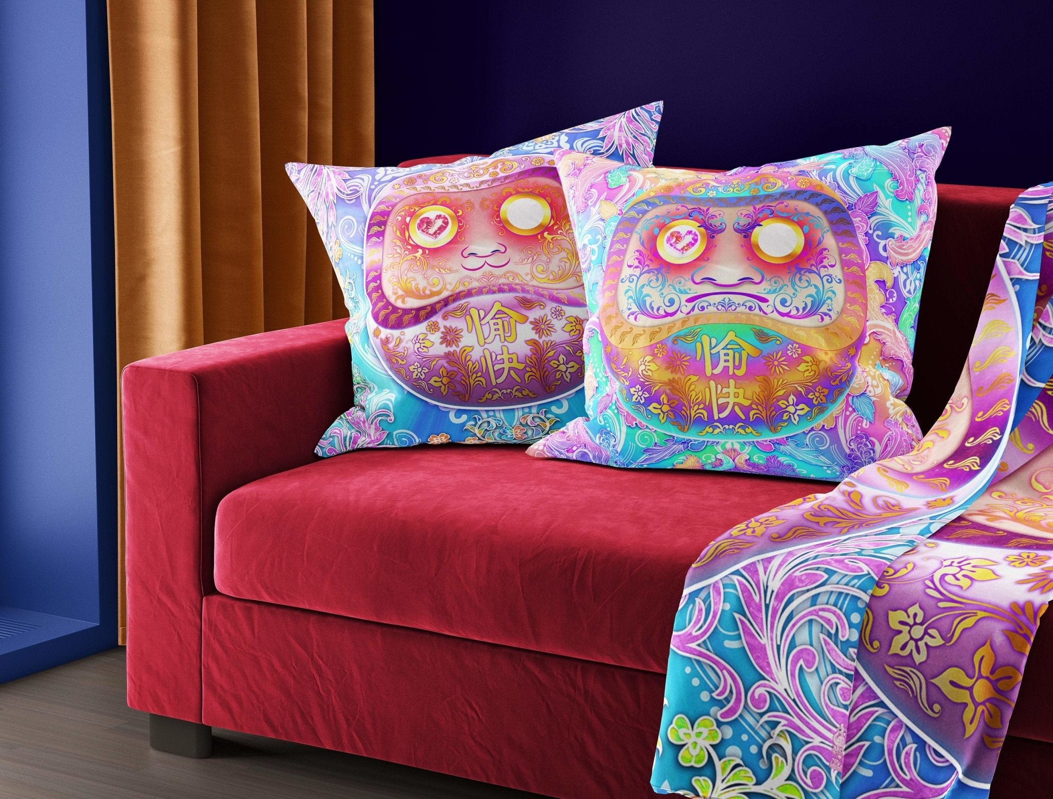 Kawaii Throw Pillow, Decorative Accent Cushion, Japanese Anime and Girl Gamer Room Decor, Funky and Eclectic Home - Daruma, Holographic - Abysm Internal
