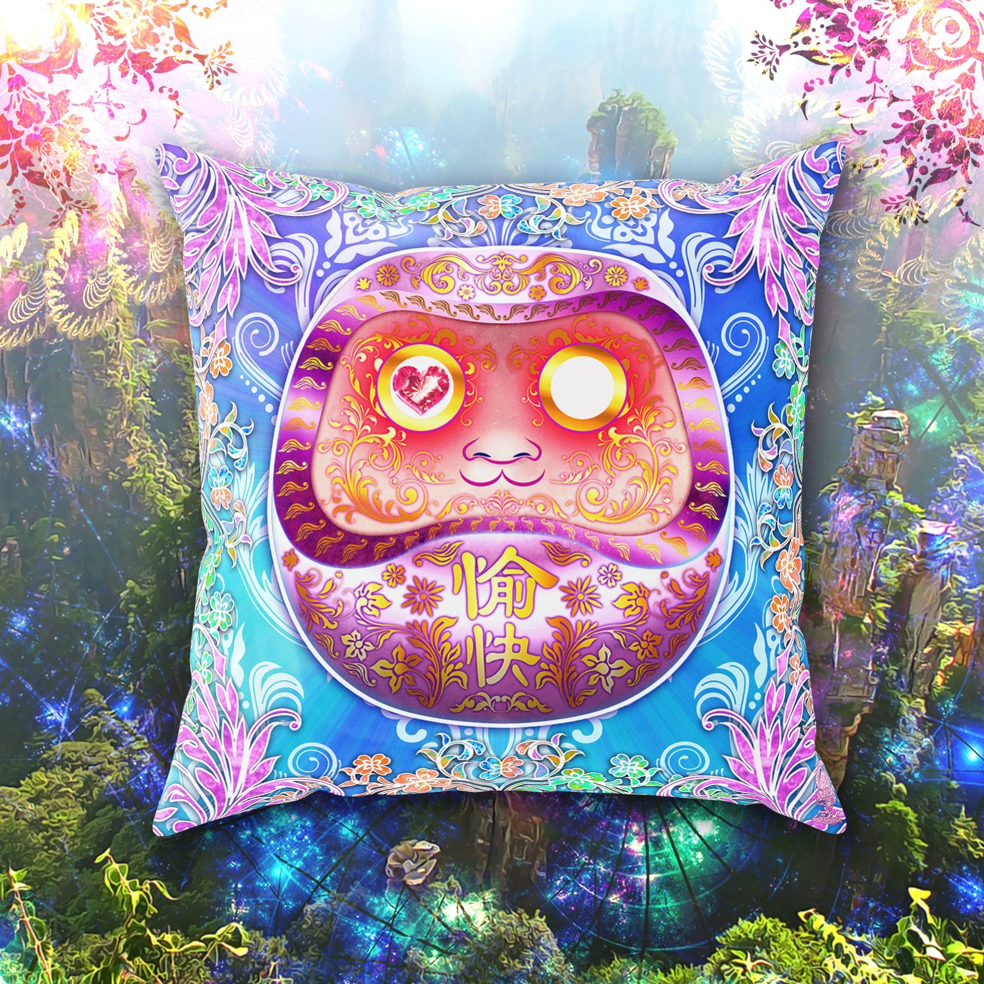 Kawaii Throw Pillow, Decorative Accent Cushion, Japanese Anime and Girl Gamer Room Decor, Funky and Eclectic Home - Daruma, Holographic - Abysm Internal