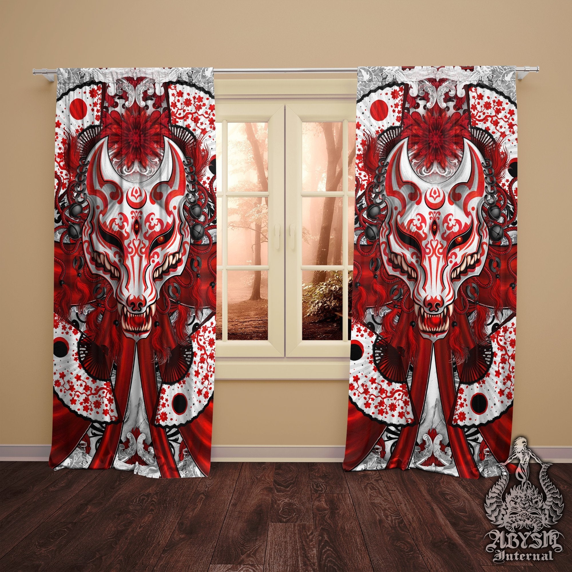 Kitsune Blackout Curtains, Long Window Panels, Japanese Decor, Anime Art Print, Okami - Bloody White - Abysm Internal