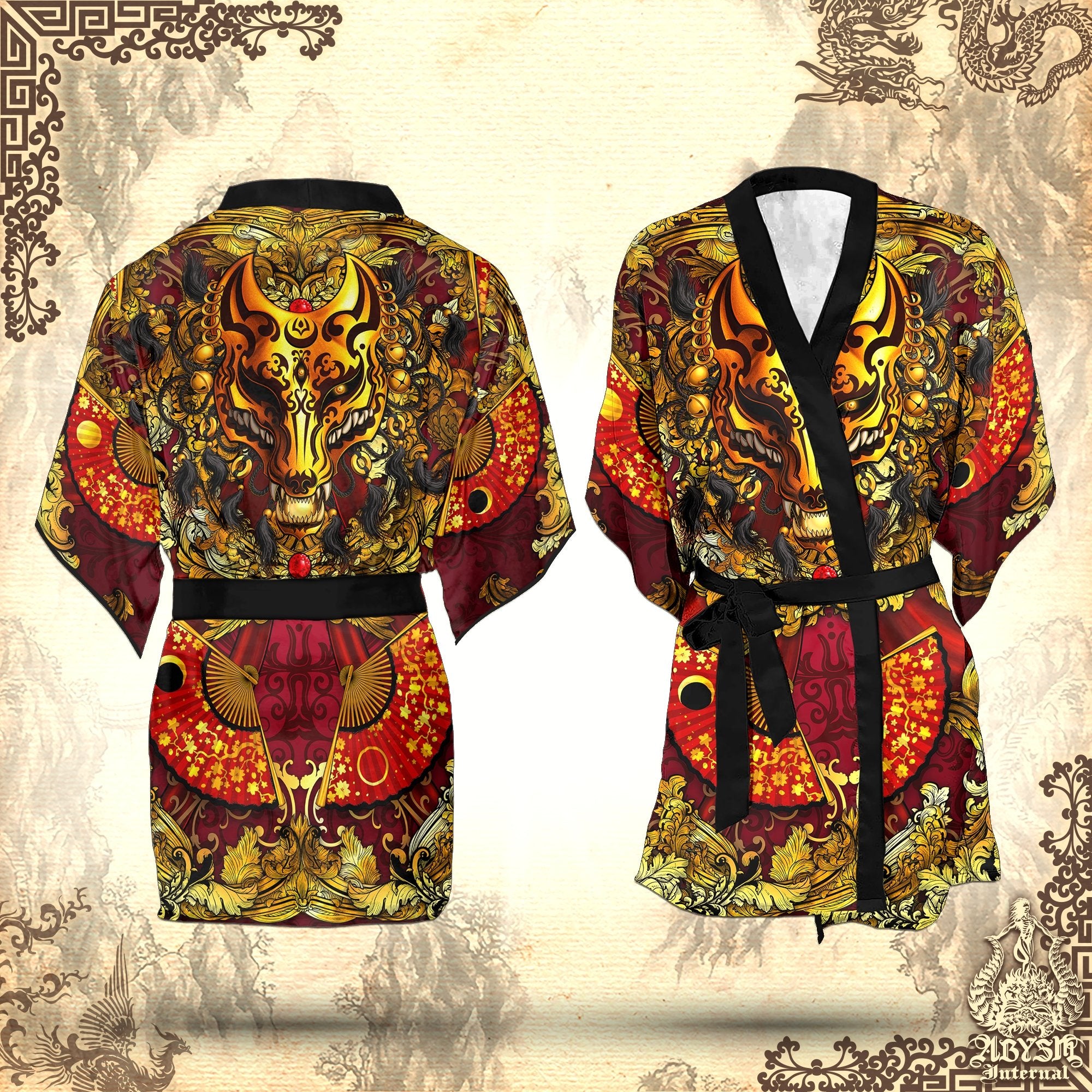 Kitsune Cover Up, Beach Outfit, Japanese Party Kimono, Summer Festival Robe, Indie and Alternative Clothing, Unisex - Fox Mask, Metal Gold - Abysm Internal