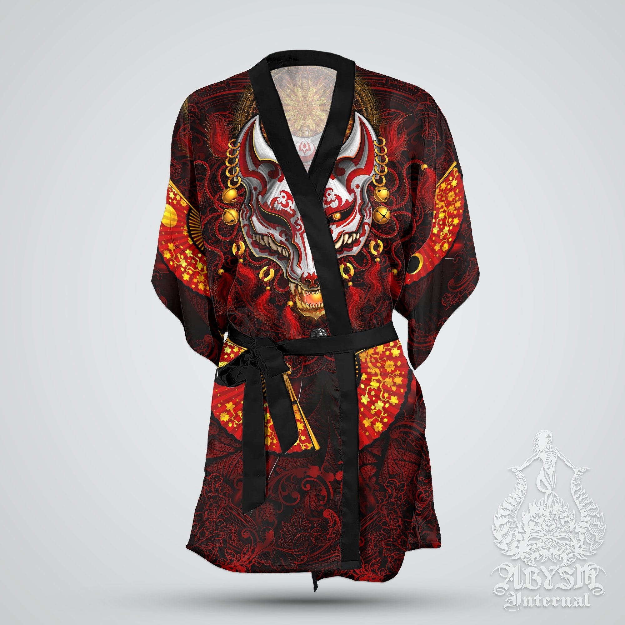 Kitsune Cover Up, Beach Outfit, Japanese Party Kimono, Summer Festival Robe, Indie and Alternative Clothing, Unisex - Fox Mask, Red White - Abysm Internal