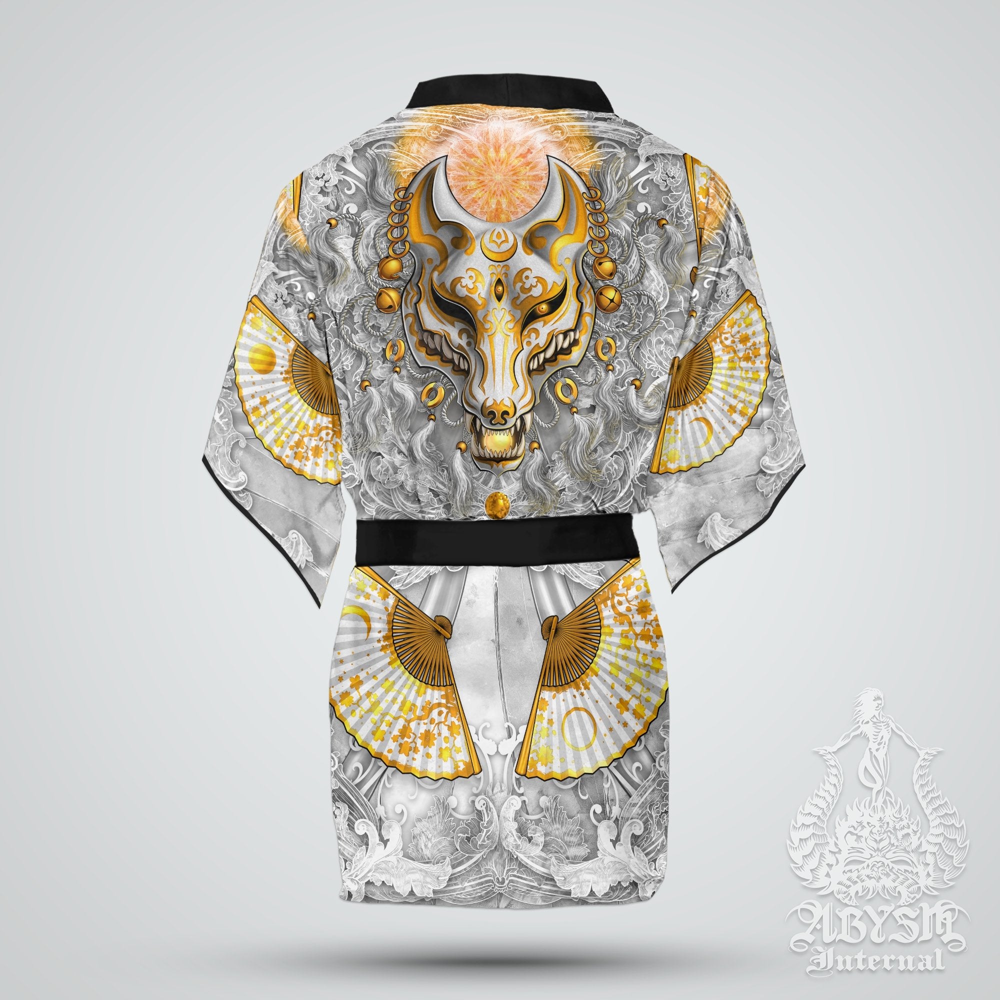 Kitsune Cover Up, Beach Outfit, Japanese Party Kimono, Summer Festival Robe, Indie and Alternative Clothing, Unisex - Fox Mask, White Gold - Abysm Internal