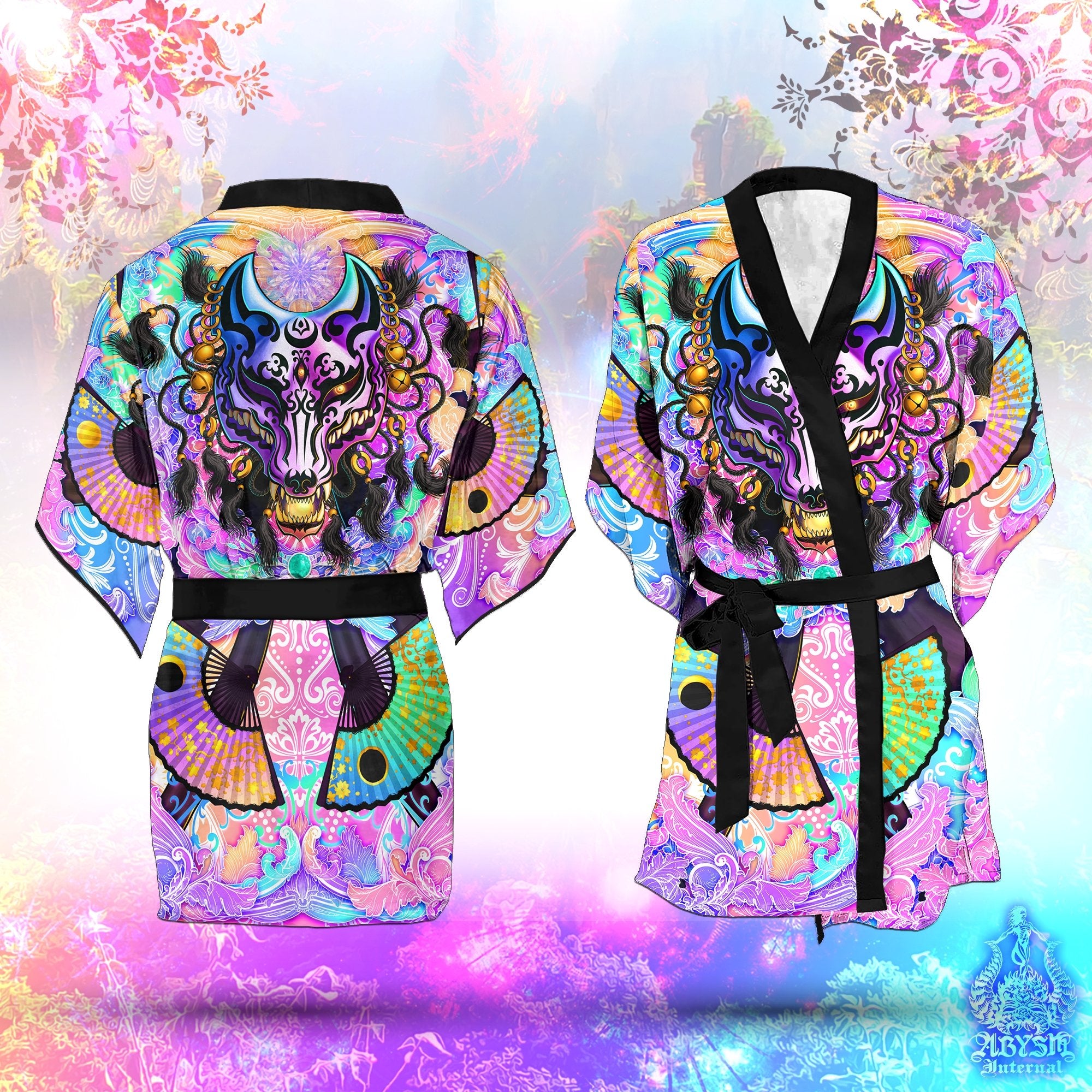 Kitsune Cover Up, Beach Rave Outfit, Japanese Party Kimono, Summer Festival Robe, Indie and Alternative Clothing, Unisex - Fox Mask, Holographic Pastel Punk Black - Abysm Internal