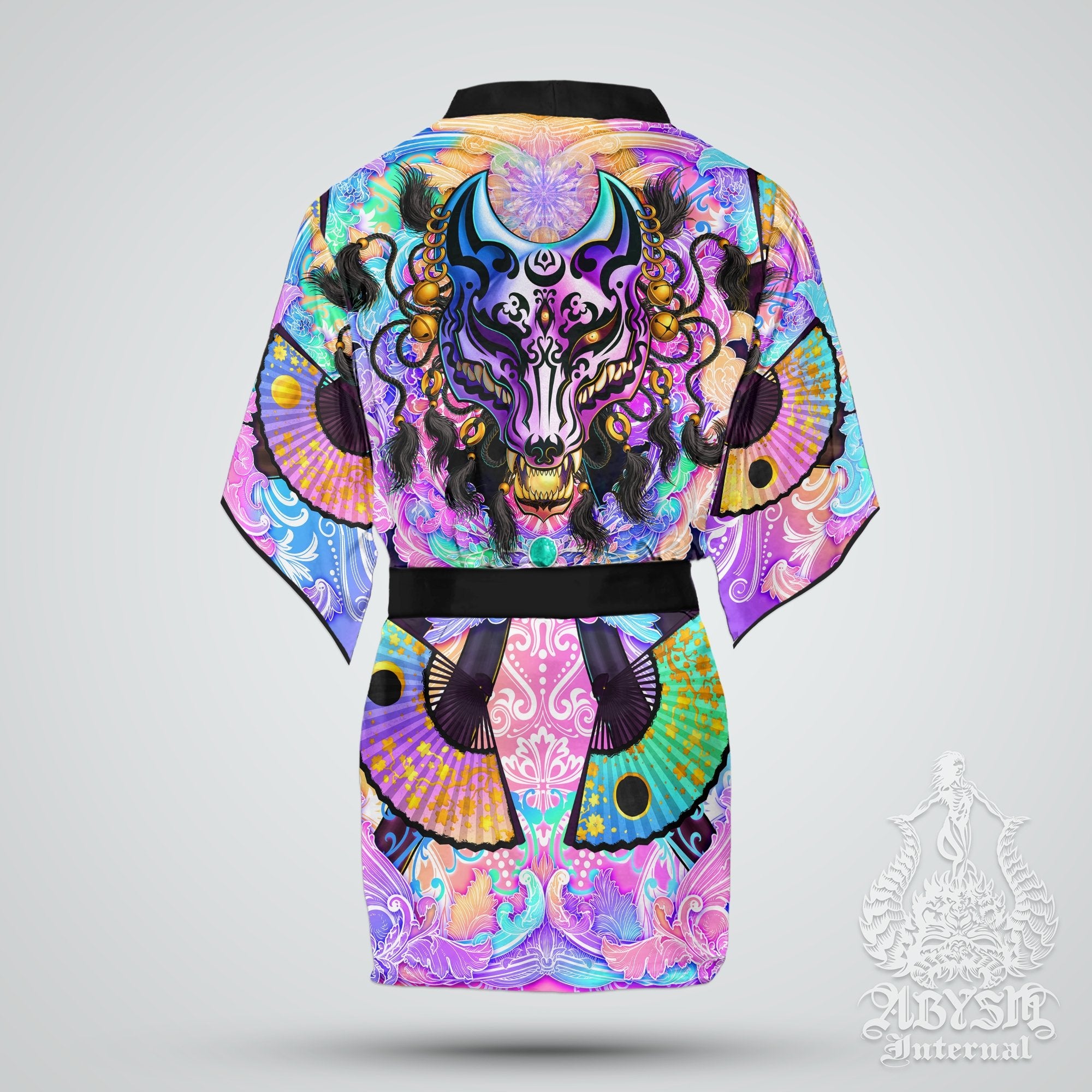 Kitsune Cover Up, Beach Rave Outfit, Japanese Party Kimono, Summer Festival Robe, Indie and Alternative Clothing, Unisex - Fox Mask, Holographic Pastel Punk Black - Abysm Internal