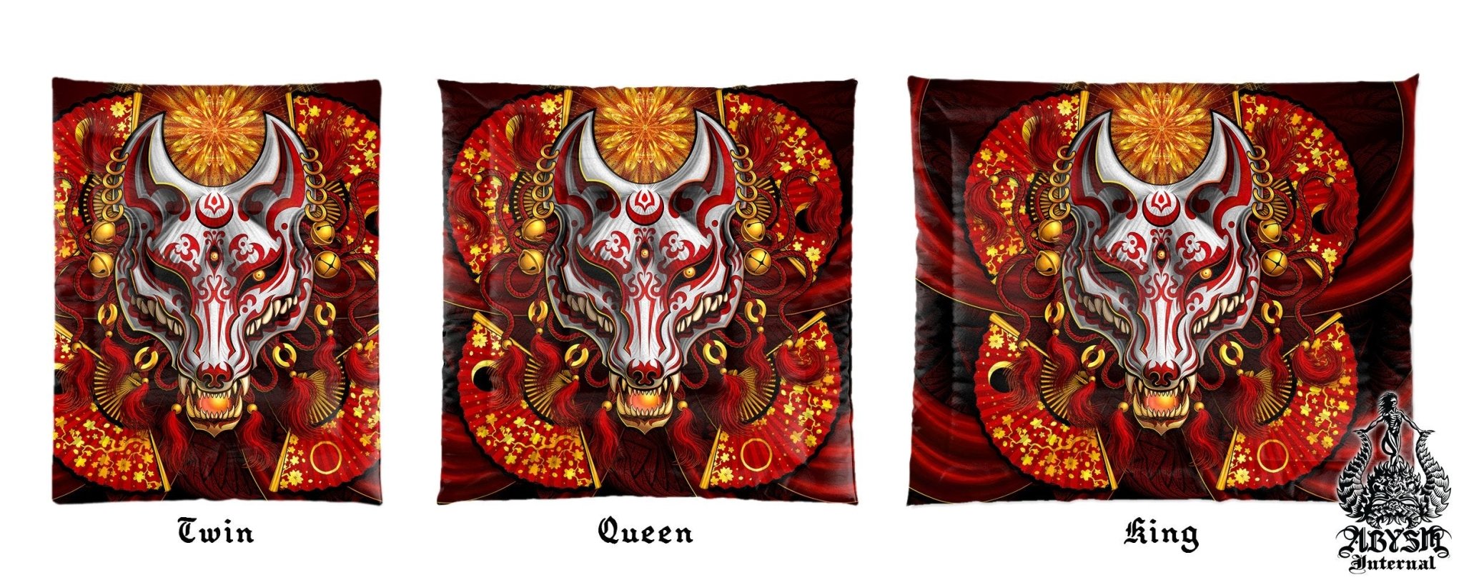 Kitsune Mask Bedding Set, Comforter and Duvet, Fox Okami and Anime Bed Cover and Bedroom Decor, King, Queen and Twin Size - Red and White - Abysm Internal