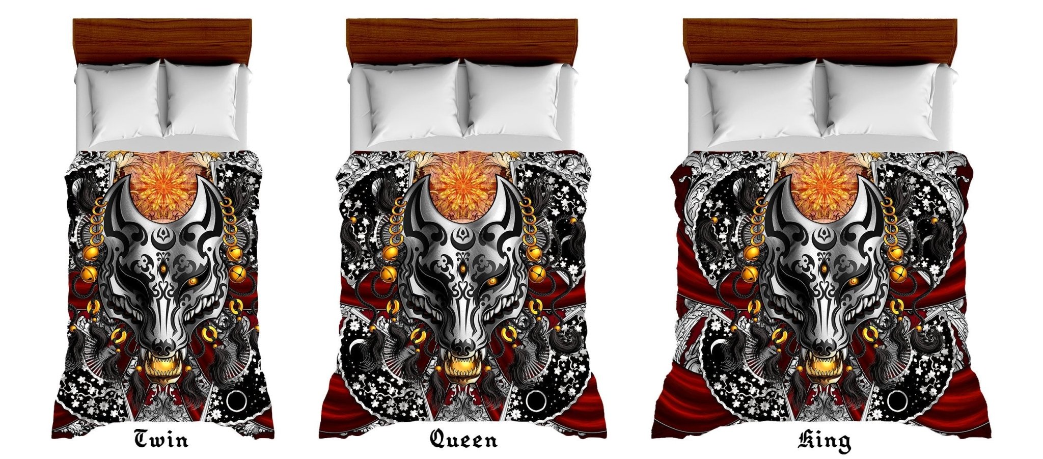 Kitsune Mask Bedding Set, Comforter and Duvet, Fox Okami and Anime Bed Cover and Bedroom Decor, King, Queen and Twin Size - Silver - Abysm Internal