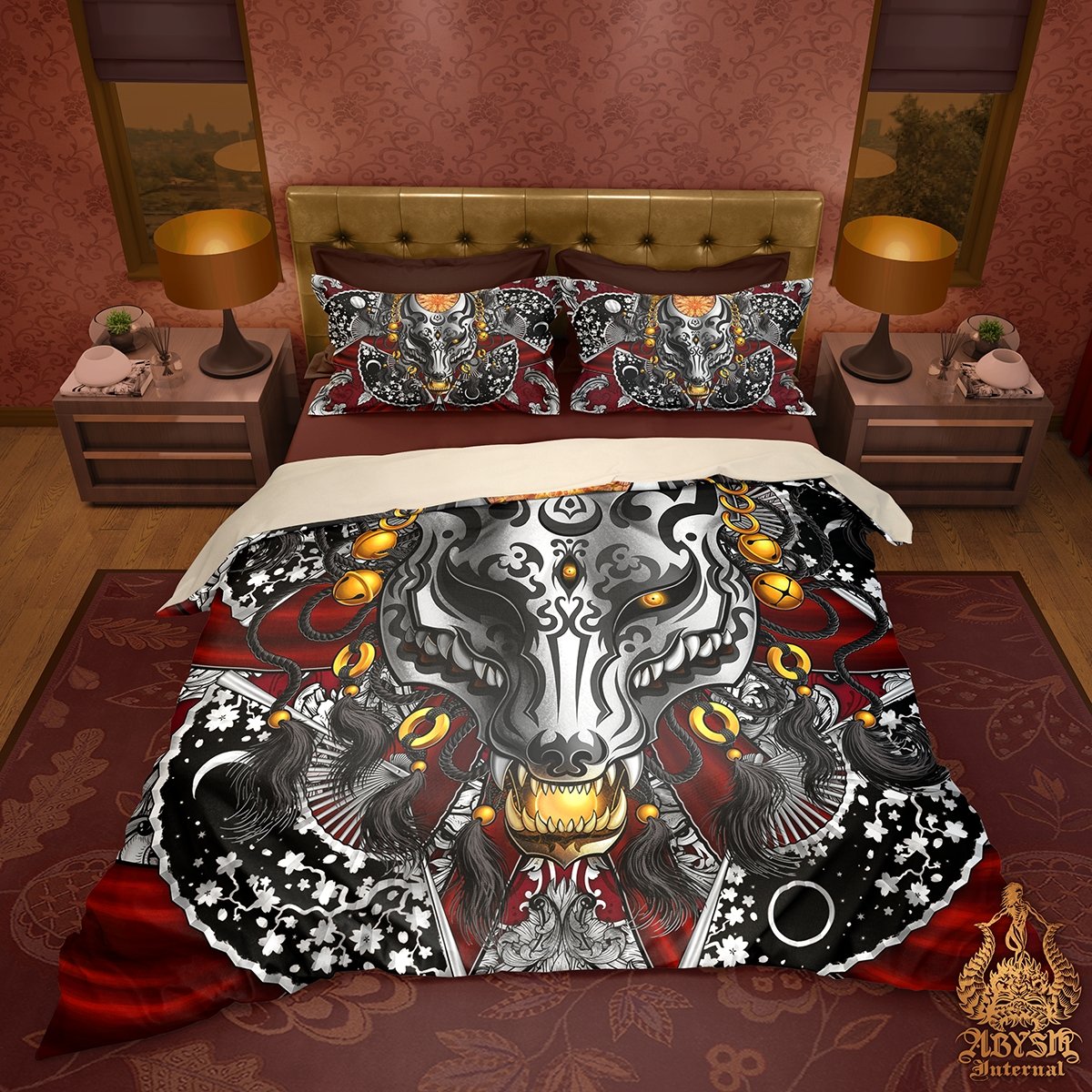 Kitsune Mask Bedding Set, Comforter and Duvet, Fox Okami and Anime Bed Cover and Bedroom Decor, King, Queen and Twin Size - Silver - Abysm Internal