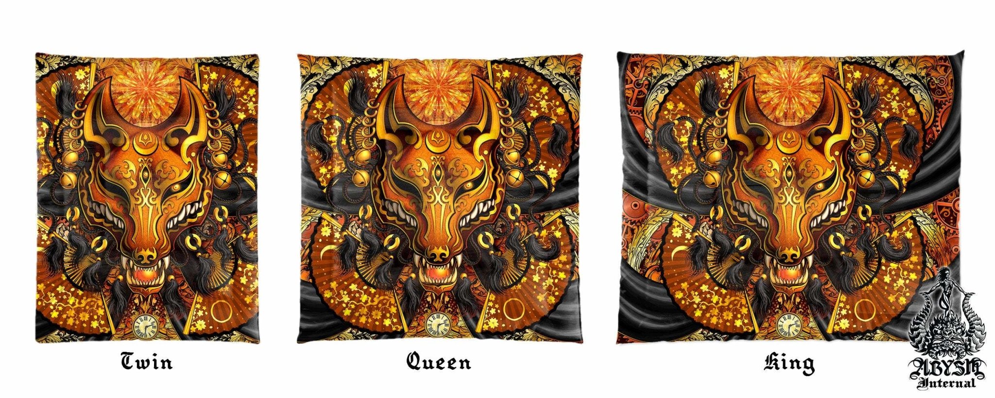 Kitsune Mask Bedding Set, Comforter and Duvet, Fox Okami and Anime Bed Cover and Bedroom Decor, King, Queen and Twin Size - Steampunk, Black - Abysm Internal