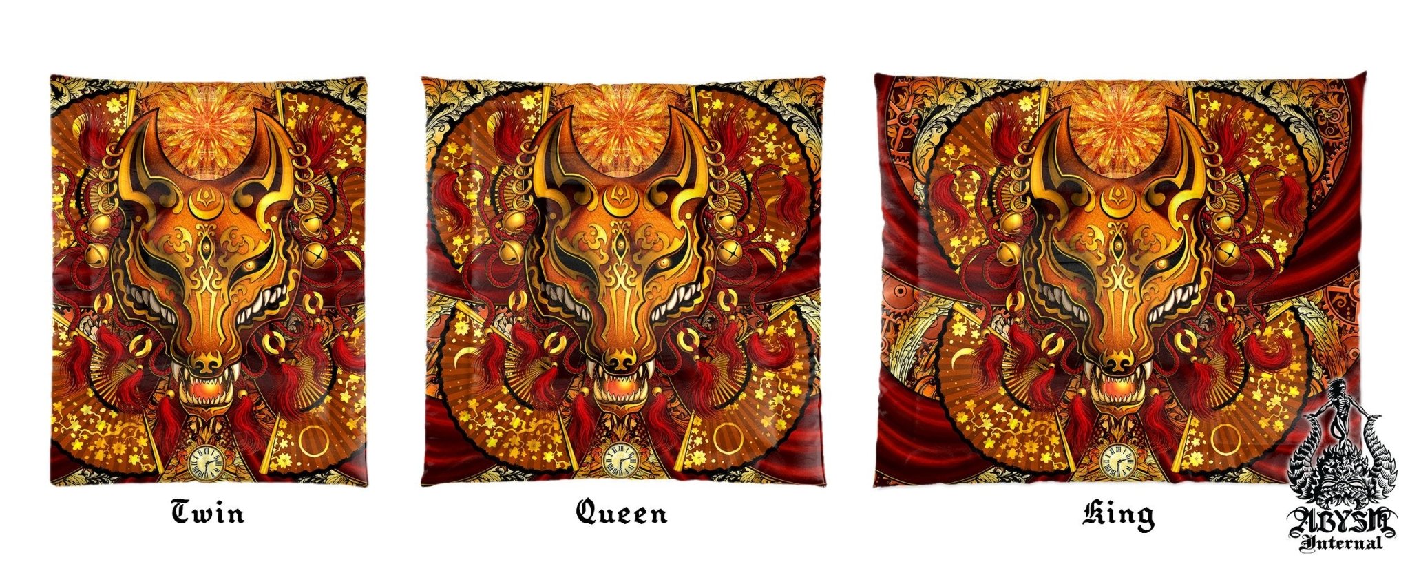 Kitsune Mask Bedding Set, Comforter and Duvet, Fox Okami and Anime Bed Cover and Bedroom Decor, King, Queen and Twin Size - Steampunk, Red - Abysm Internal