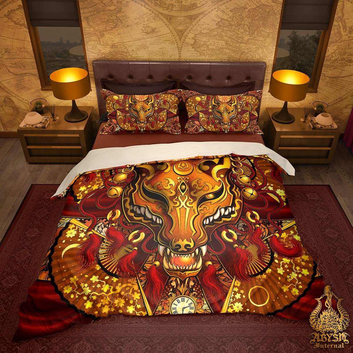 Kitsune Mask Bedding Set, Comforter and Duvet, Fox Okami and Anime Bed Cover and Bedroom Decor, King, Queen and Twin Size - Steampunk, Red - Abysm Internal