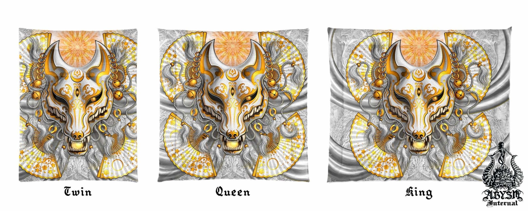 Kitsune Mask Bedding Set, Comforter and Duvet, Fox Okami and Anime Bed Cover and Bedroom Decor, King, Queen and Twin Size - White and Gold - Abysm Internal