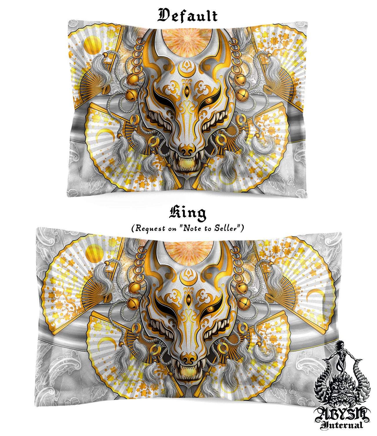 Kitsune Mask Bedding Set, Comforter and Duvet, Fox Okami and Anime Bed Cover and Bedroom Decor, King, Queen and Twin Size - White and Gold - Abysm Internal