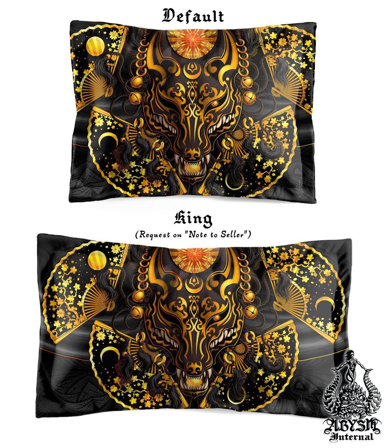 Kitsune Mask Bedding Set, Comforter and Duvet, Gamer Bed Cover and Bedroom Decor, Fox Okami, Anime Art, King, Queen and Twin Size - Black and Gold - Abysm Internal