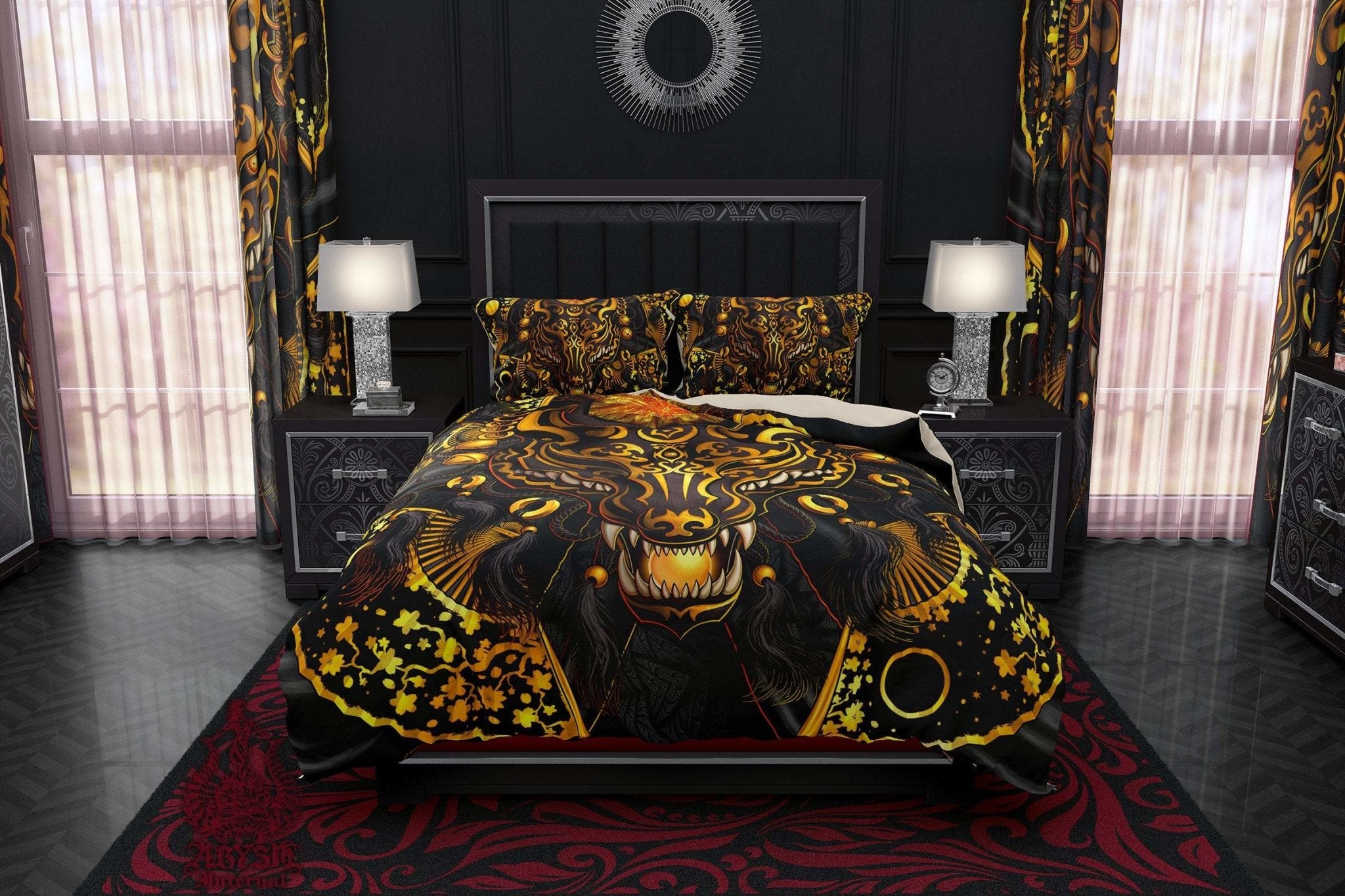Kitsune Mask Bedding Set, Comforter and Duvet, Gamer Bed Cover and Bedroom Decor, Fox Okami, Anime Art, King, Queen and Twin Size - Black and Gold - Abysm Internal