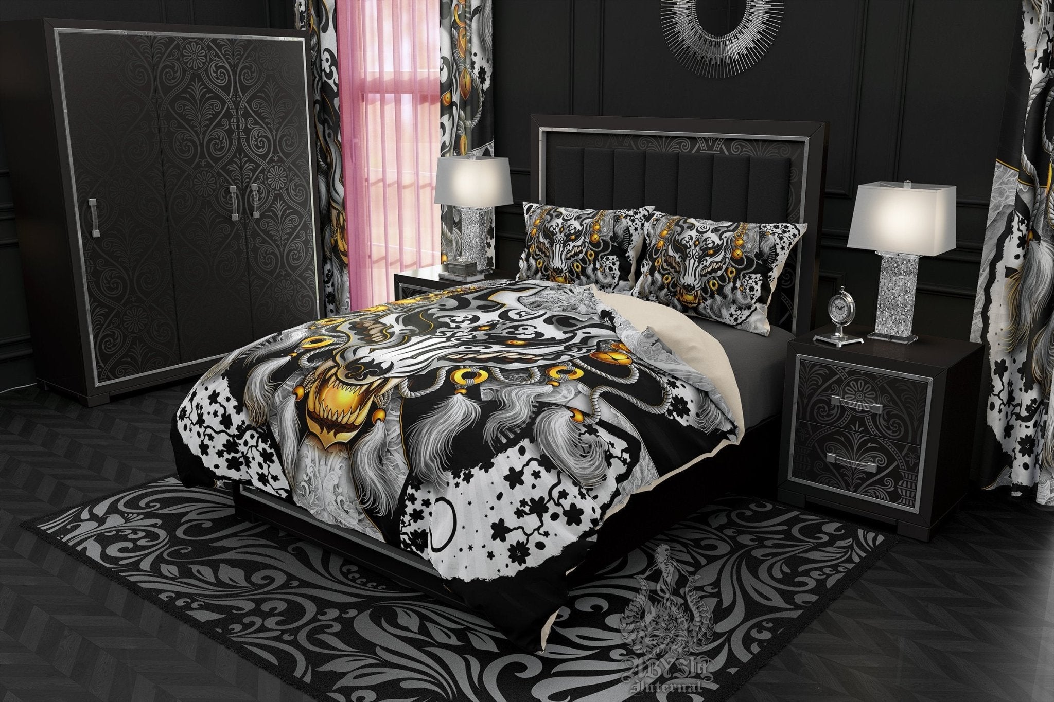Kitsune Mask Bedding Set, Comforter and Duvet, Gamer Bed Cover and Bedroom Decor, Fox Okami, Anime Art, King, Queen and Twin Size - Black and White Goth II - Abysm Internal
