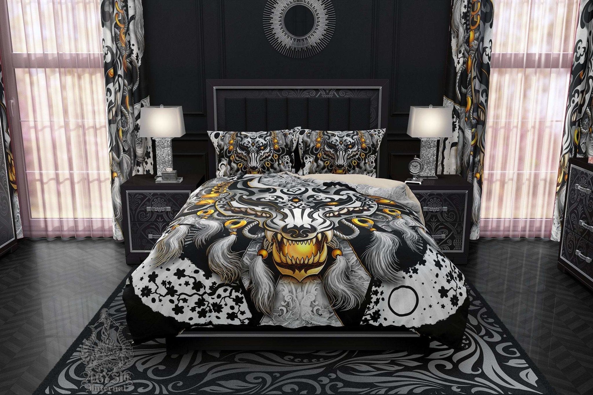 Kitsune Mask Bedding Set, Comforter and Duvet, Gamer Bed Cover and Bedroom Decor, Fox Okami, Anime Art, King, Queen and Twin Size - Black and White Goth II - Abysm Internal