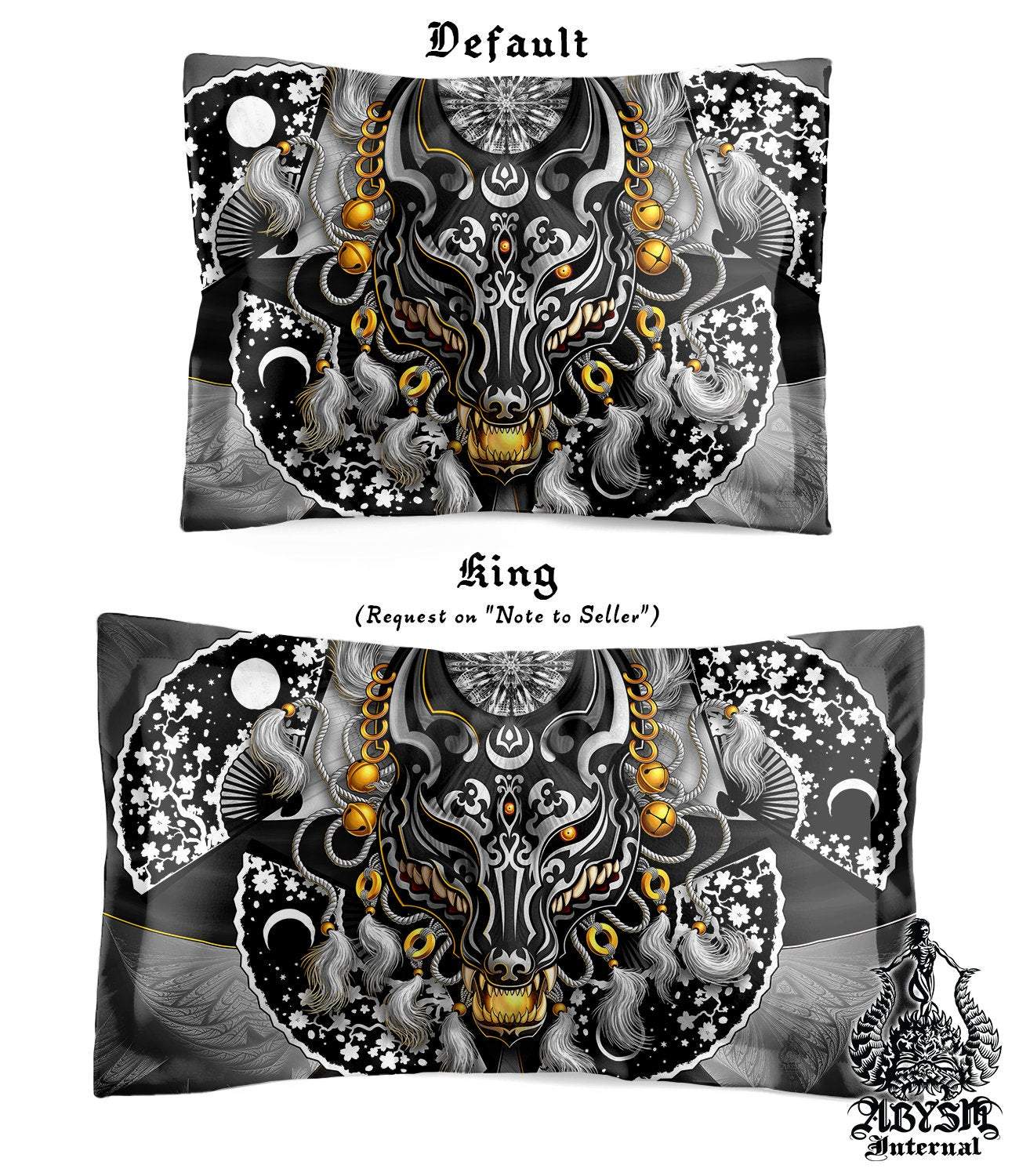 Kitsune Mask Bedding Set, Comforter and Duvet, Gamer Bed Cover and Bedroom Decor, Fox Okami, Anime Art, King, Queen and Twin Size - Black and White I - Abysm Internal