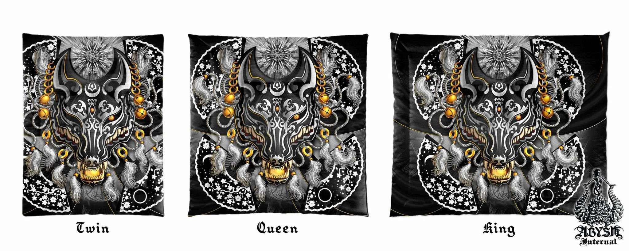 Kitsune Mask Bedding Set, Comforter and Duvet, Gamer Bed Cover and Bedroom Decor, Fox Okami, Anime Art, King, Queen and Twin Size - Black and White I - Abysm Internal