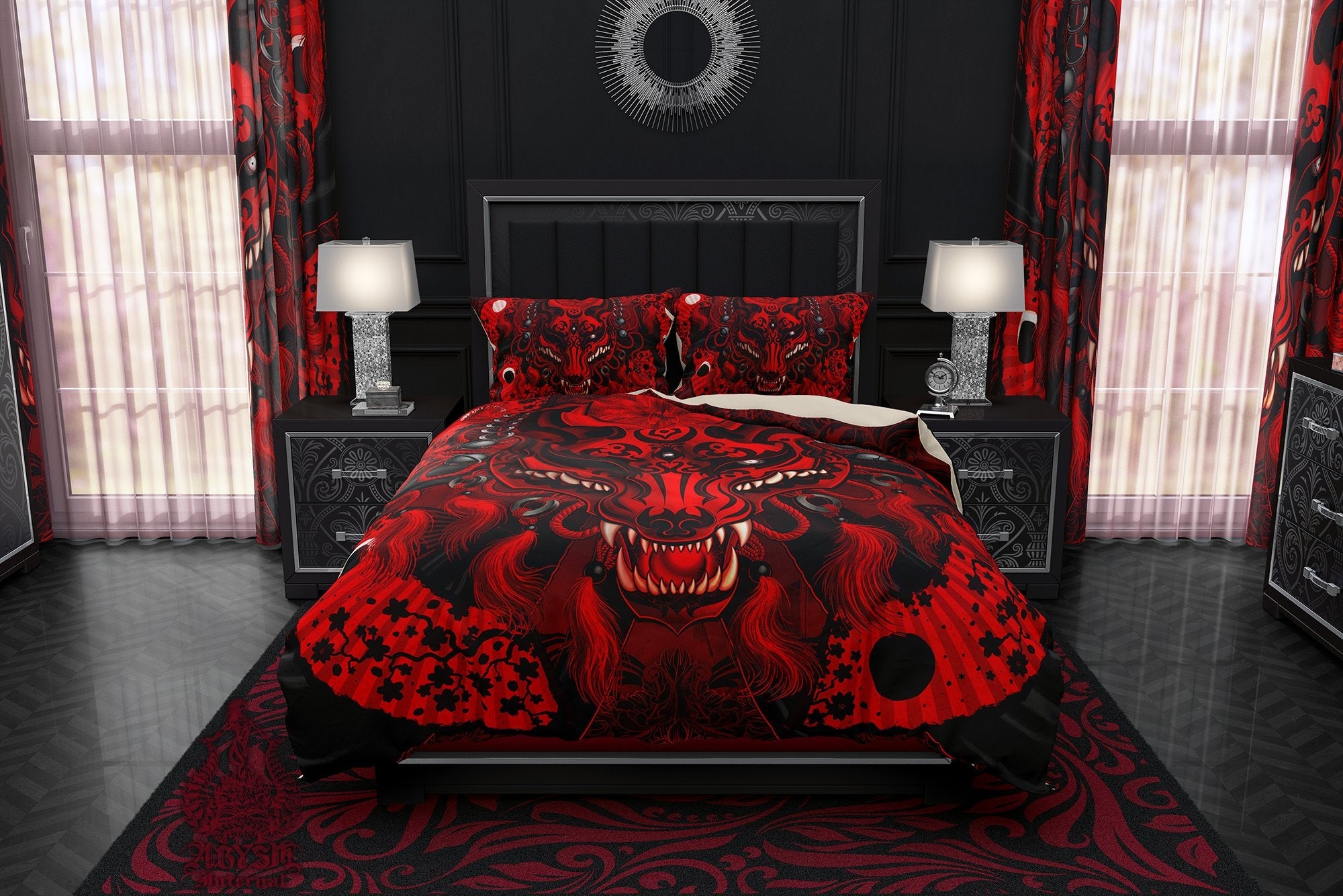 Kitsune Mask Bedding Set, Comforter and Duvet, Gamer Bed Cover and Bedroom Decor, Fox Okami, Anime Art, King, Queen and Twin Size - Bloody Black Gothic - Abysm Internal