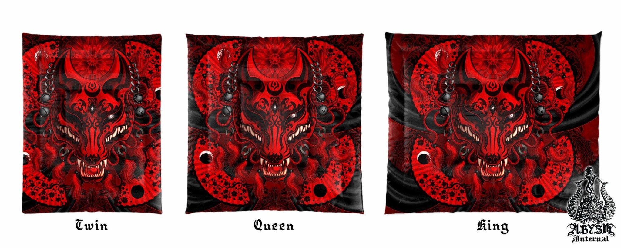 Kitsune Mask Bedding Set, Comforter and Duvet, Gamer Bed Cover and Bedroom Decor, Fox Okami, Anime Art, King, Queen and Twin Size - Bloody Black Gothic - Abysm Internal