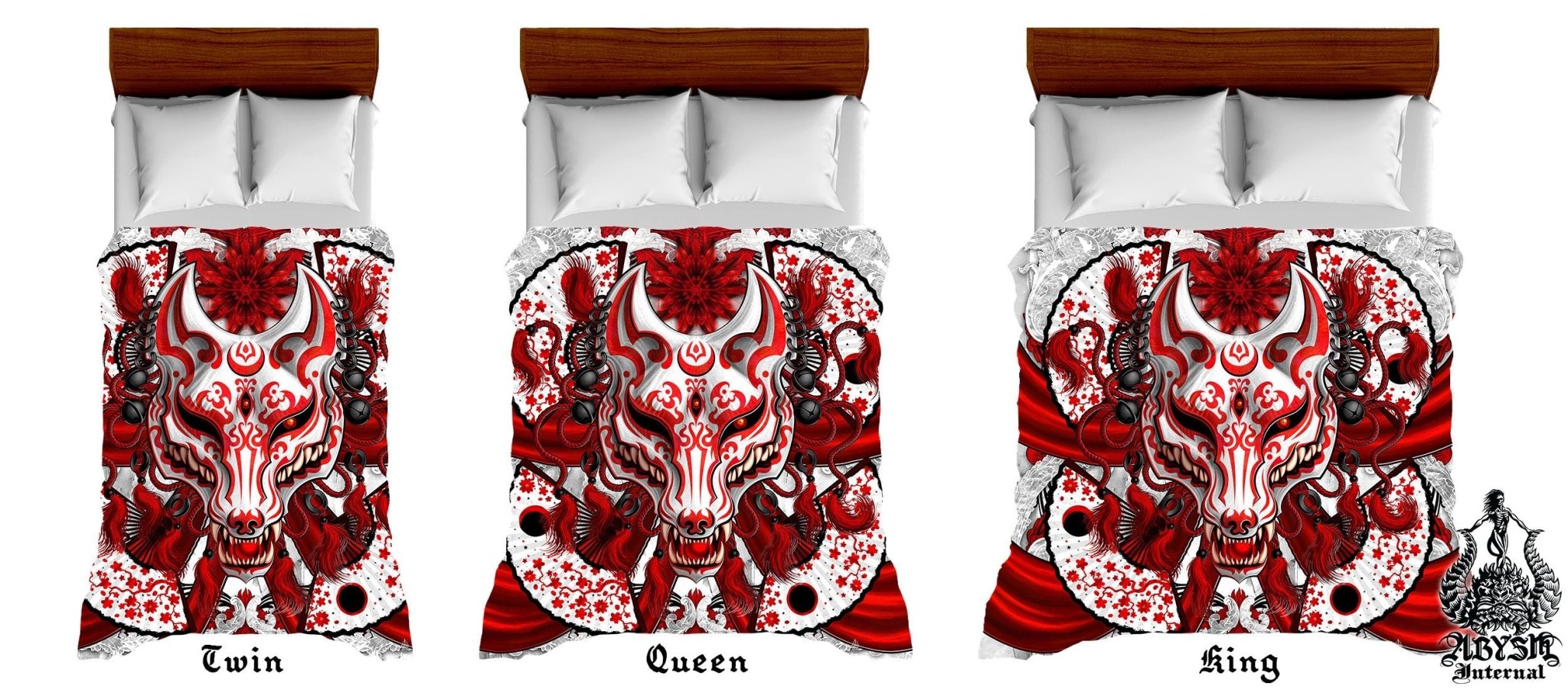 Kitsune Mask Bedding Set, Comforter and Duvet, Gamer Bed Cover and Bedroom Decor, Fox Okami, Anime Art, King, Queen and Twin Size - Bloody White Goth - Abysm Internal