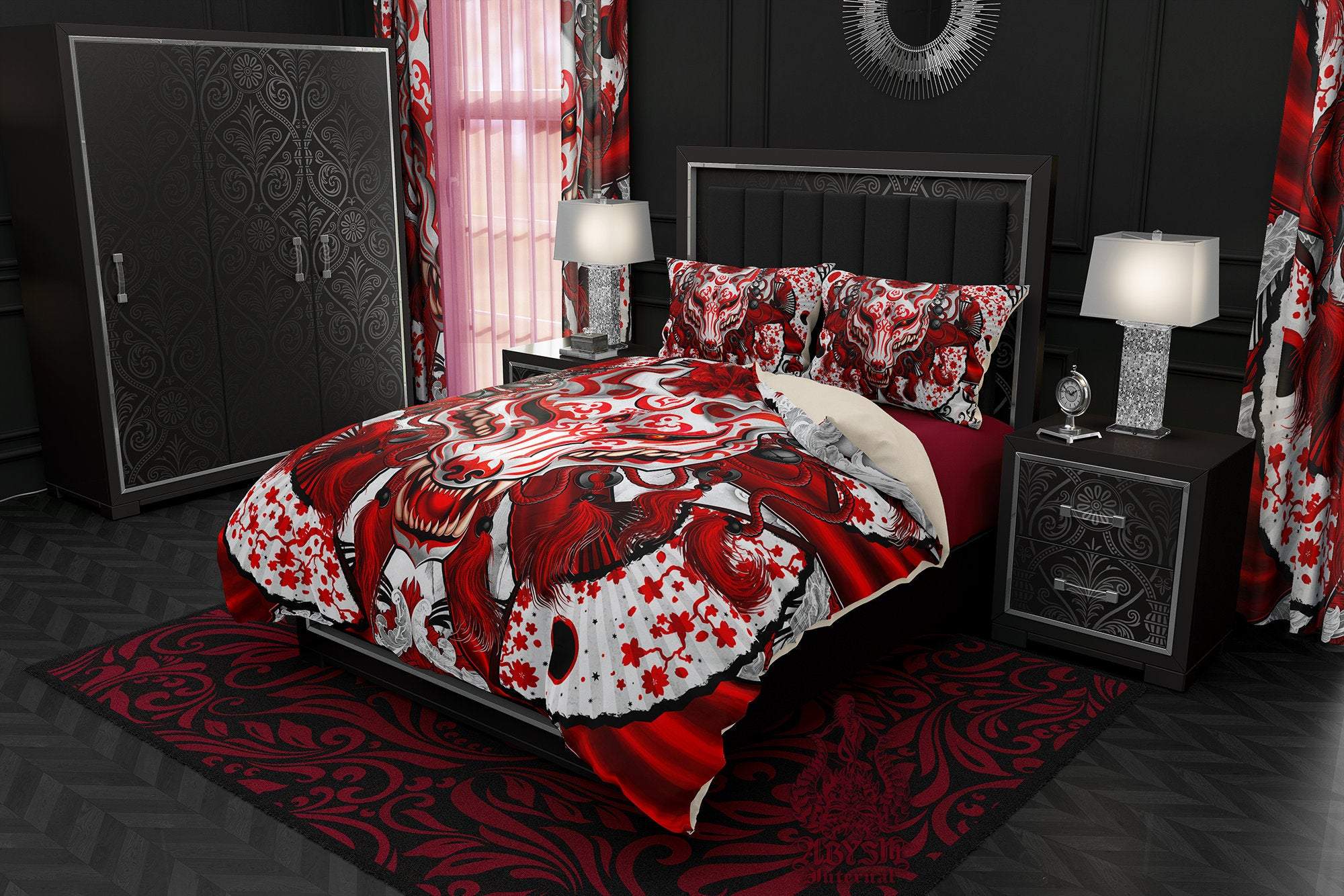 Kitsune Mask Bedding Set, Comforter and Duvet, Gamer Bed Cover and Bedroom Decor, Fox Okami, Anime Art, King, Queen and Twin Size - Bloody White Goth - Abysm Internal