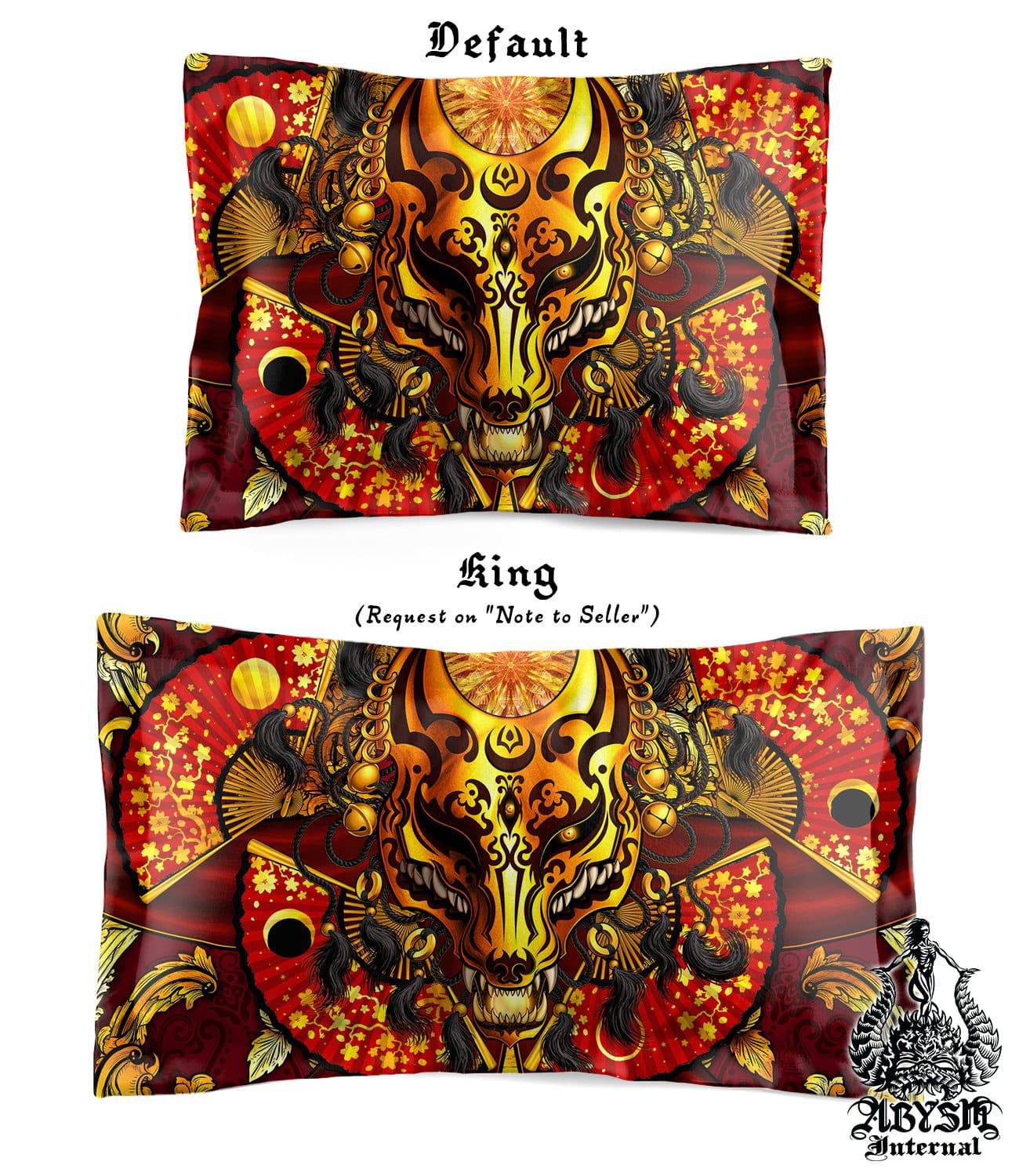 Kitsune Mask Bedding Set, Comforter and Duvet, Gamer Bed Cover and Bedroom Decor, Japanese Fox Mask, Okami, King, Queen and Twin Size - Gold - Abysm Internal