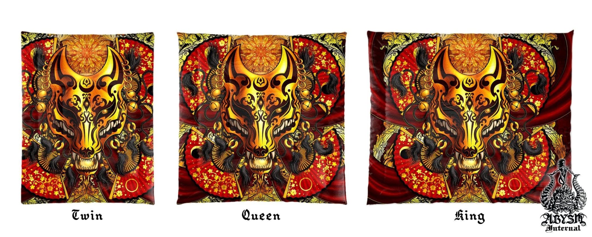 Kitsune Mask Bedding Set, Comforter and Duvet, Gamer Bed Cover and Bedroom Decor, Japanese Fox Mask, Okami, King, Queen and Twin Size - Gold - Abysm Internal