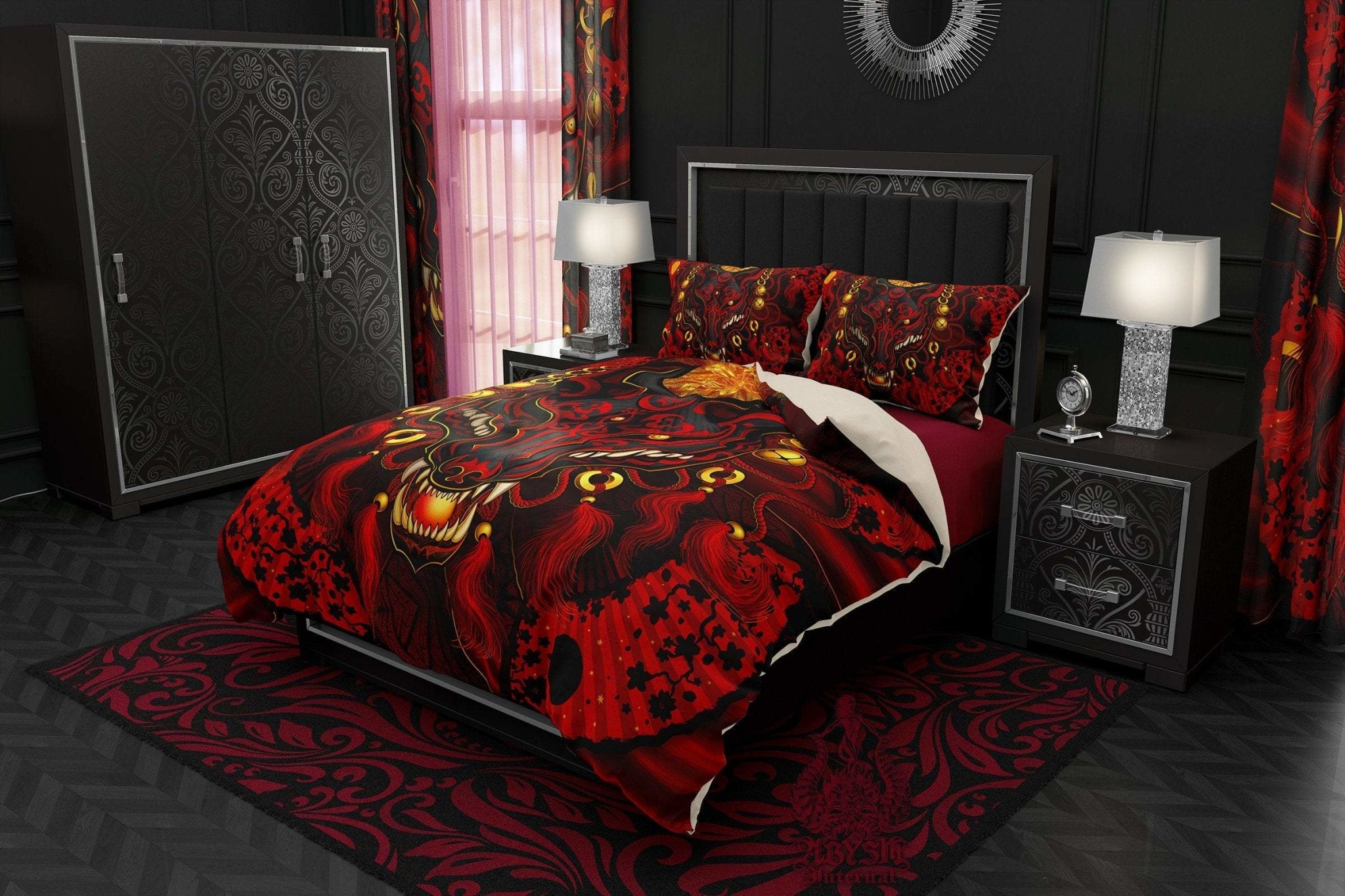 Kitsune Mask Bedding Set, Comforter and Duvet, Gamer Bed Cover and Bedroom Decor, Japanese Fox Mask, Okami, King, Queen and Twin Size - Red and Black - Abysm Internal