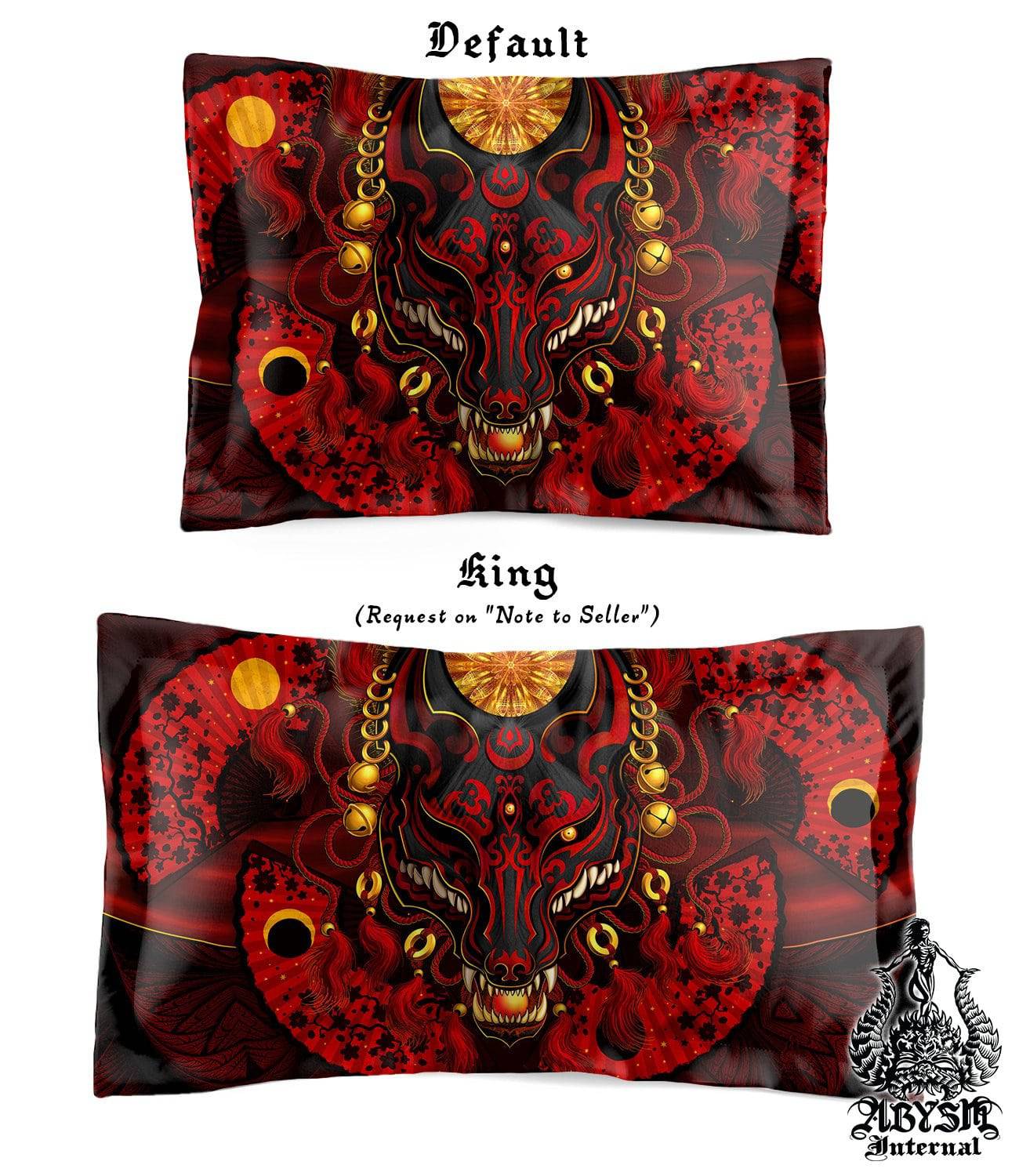 Kitsune Mask Bedding Set, Comforter and Duvet, Gamer Bed Cover and Bedroom Decor, Japanese Fox Mask, Okami, King, Queen and Twin Size - Red and Black - Abysm Internal